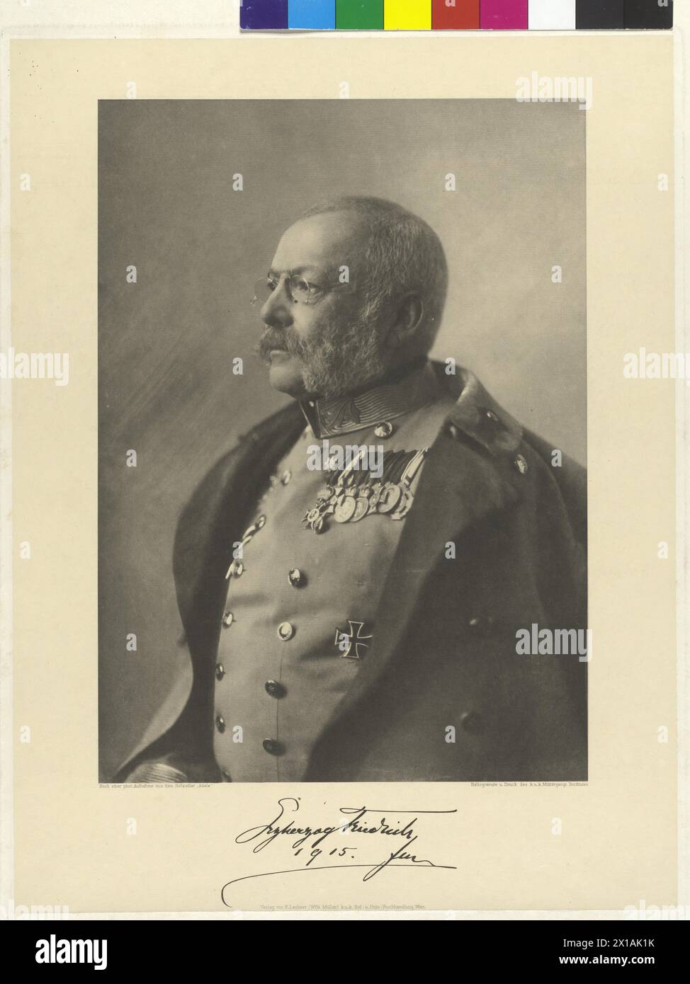 Frederic, archduke of Austria, in uniform as field marshal. photographic ADELE-Wien, heliography of the Imperial and Royal military geographical institute Vienna with facsimile of the signature, 1915 - 19150101 PD0995 - Rechteinfo: Rights Managed (RM) Stock Photo