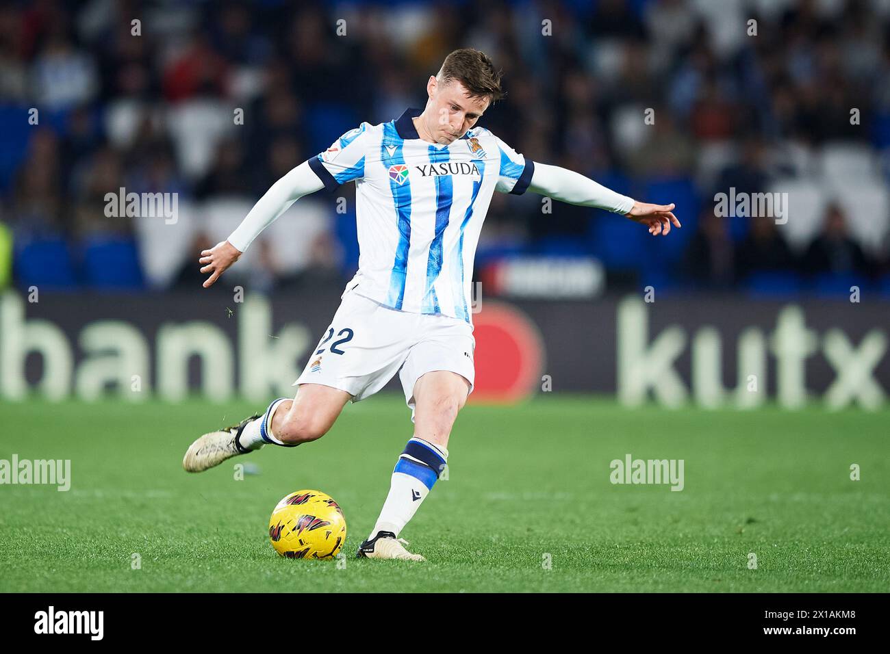 Benat Turrientes of Real Sociedad with the ball during the LaLiga EA Sports match between Real Sociedad and UD Almeria at Reale Arnea Stadium on April Stock Photo