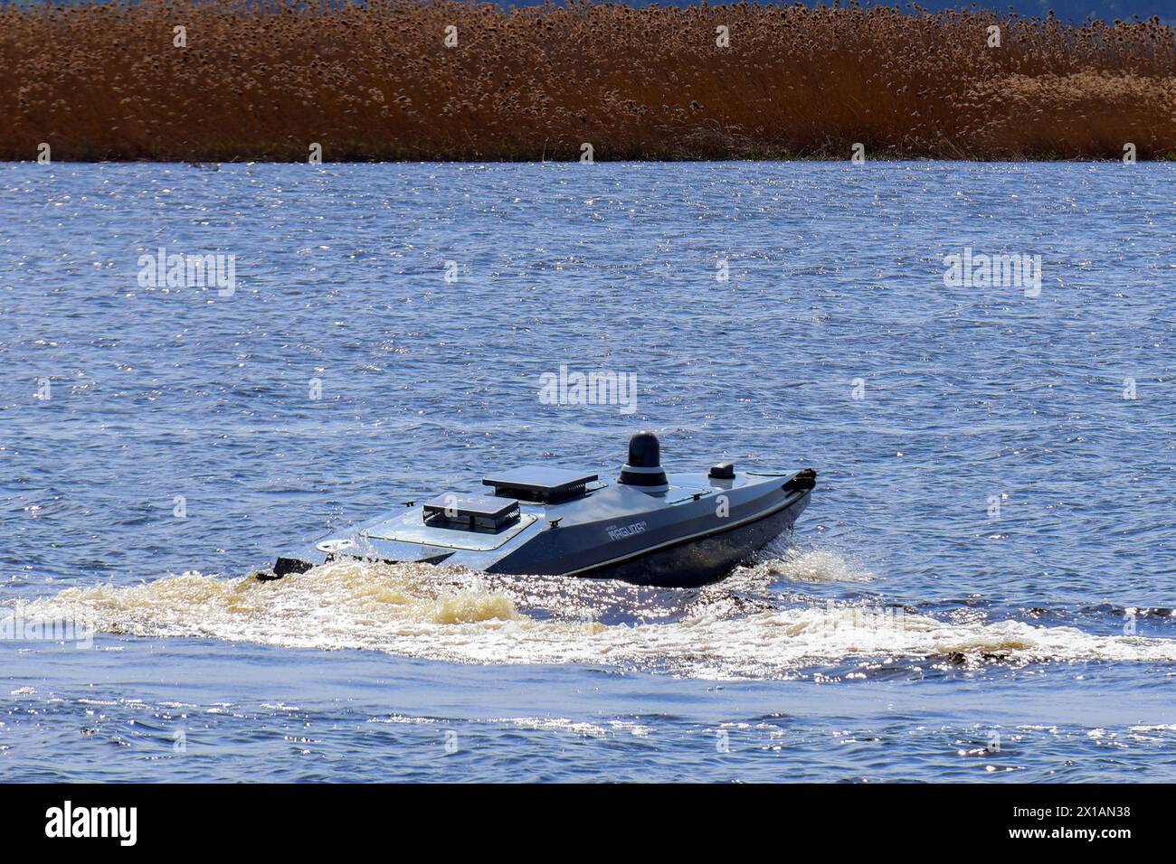 Non Exclusive: KYIV, UKRAINE - APRIL 13, 2024 - A MAGURA V5, a Ukrainian multi-purpose unmanned surface vehicle (USV) developed for use by the Defence Stock Photo