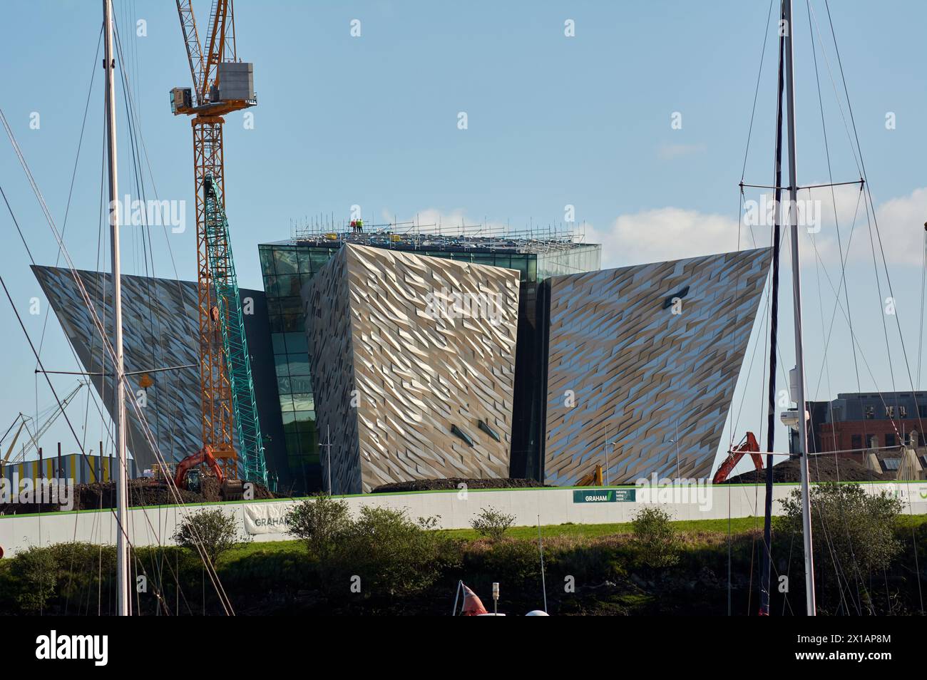 Belfast, United Kingdom 16 04 2024 Repair works at Titanic Belfast following storm damage to roof. Damage to the roof occurred during Storm Kathleen and similar damage occurred in January during Storm Isha Belfast Northern Ireland Credit: HeadlineX/Alamy Live News Stock Photo