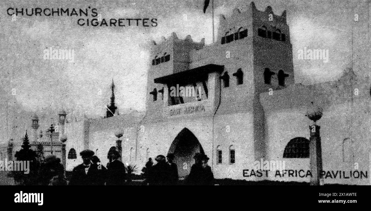 The East Africa Pavilion, which included products like ivory, leather, copra, tortoise shell and coffee. From a series of 25 cigarette cards produced by W. A. and A. C. Churchman under the title Wembley Exhibition, this being the British Empire Exhibition of 1924. These were of a standard size, hence quite small, and therefore not suitable for large images. Stock Photo