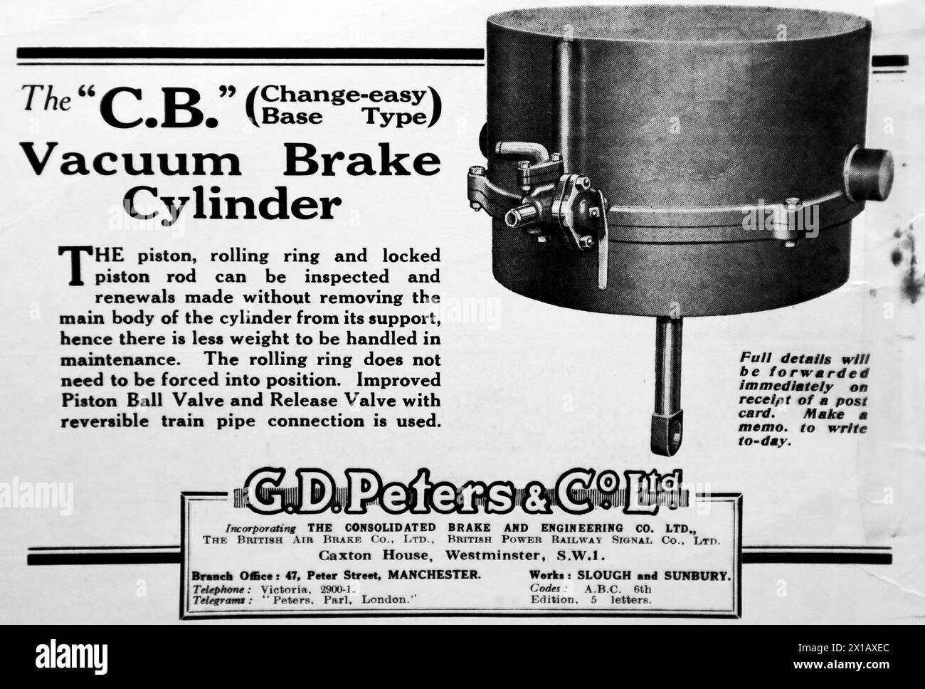 Advertisement for G. D. Peters and Co Ltd of London, Manchester and Slough, for the C. B. Vacuum Brake Cylinder. From an original publication dated 15 May 1924, this helps to give an insight into public transport, and the railways in particular, of the 1920s. Stock Photo