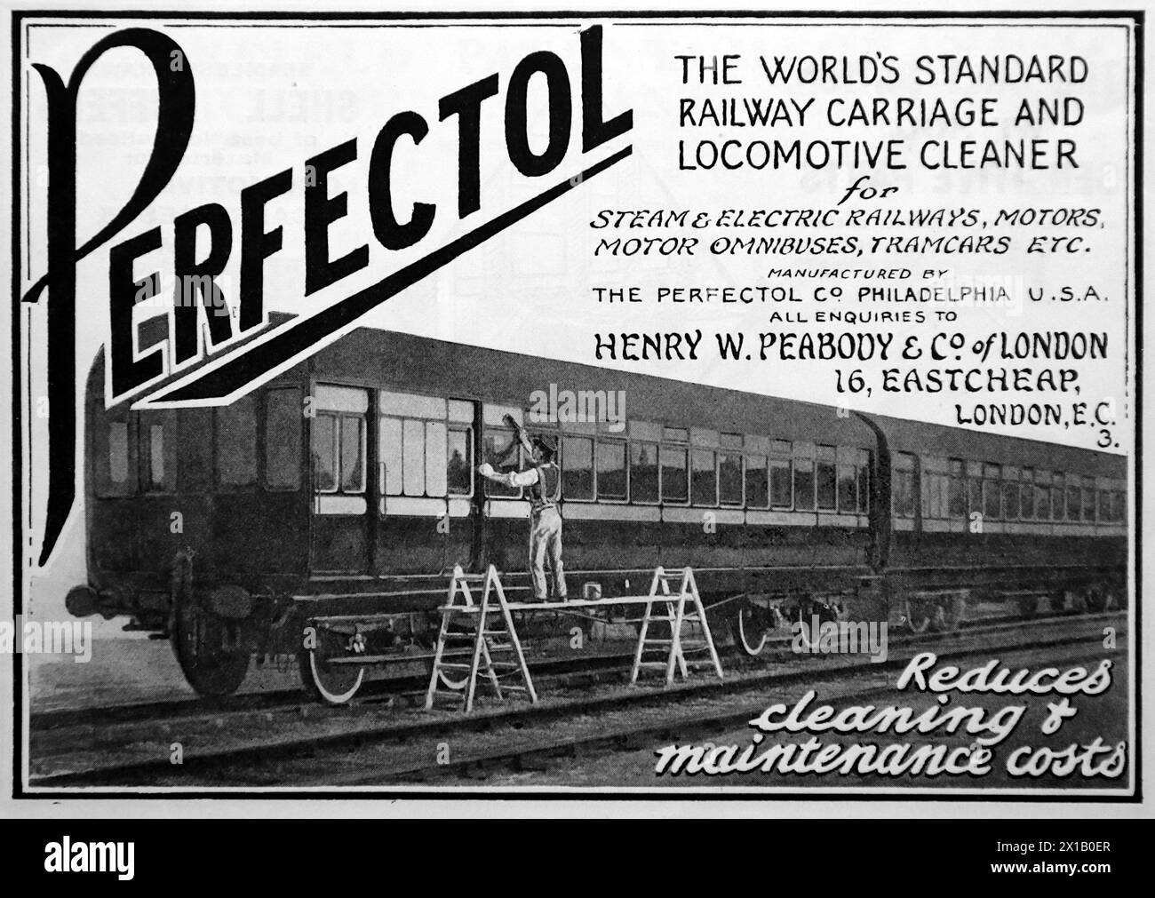 Advertisement for Perfectol, a railway carriage and locomotive cleaner manufactured by the Perfectol Company of Philadelphia, USA, with the local agents being Henry W. Peadbody and Co, of Eastcheap, London. From an original publication dated 15 May 1924, this helps to give an insight into public transport, and the railways in particular, of the 1920s. Stock Photo