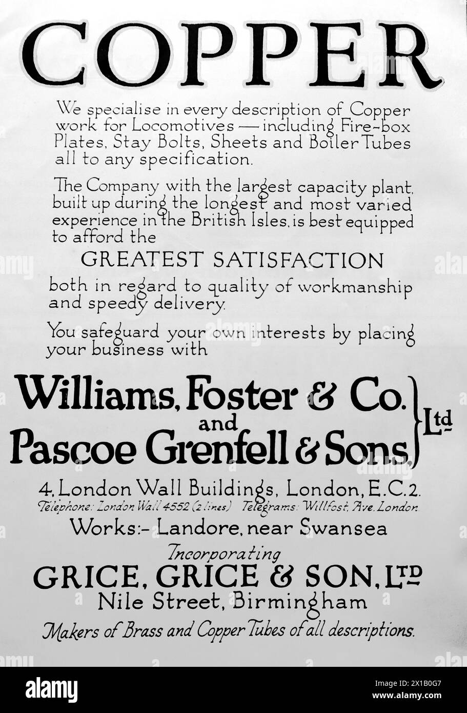 Advertisement for Williams, Foster and Co, and Pascoe Grenfell and Sons of London, with works in Landore, near Swindon and incorporating Grice Grice and Son Ltd, of Birmingham. Specialising in copper work for locomotives. From an original publication dated 15 May 1924, this helps to give an insight into public transport, and the railways in particular, of the 1920s. Stock Photo