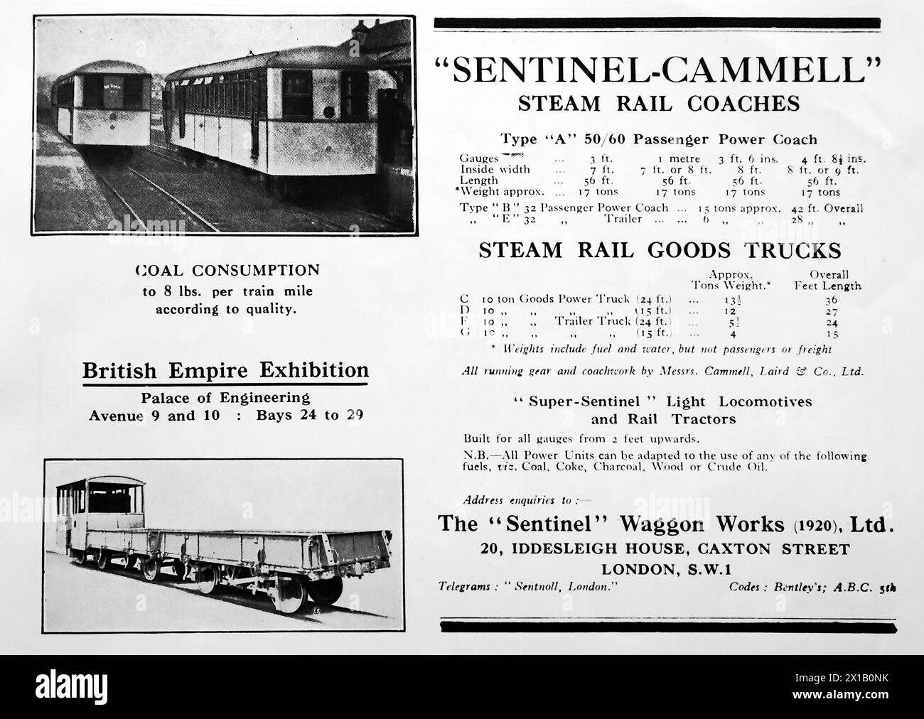 Advertisement for Sentinel-Cammell steam rail coaches and goods trucks. The Sentinel Waggon Works (1920) Ltd, was based in Caxton Street, London and could be seen in the Palace of Engineering at the British Empire Exhibition. From an original publication dated 15 May 1924, this helps to give an insight into public transport, and the railways in particular, of the 1920s. Stock Photo