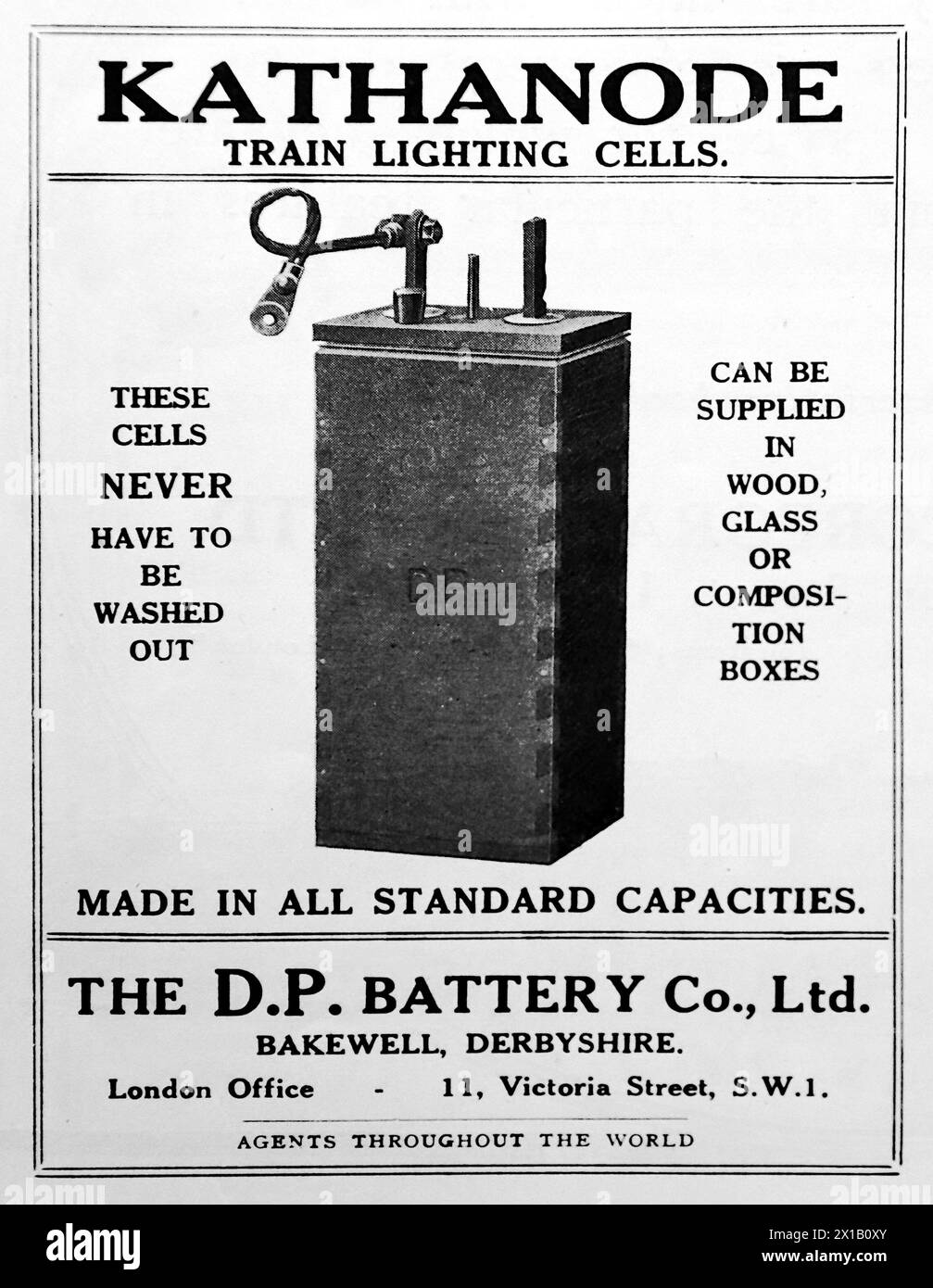 Advertisement for The D. P. Battery Company Limited of Bakewell, Derbyshire and Victoria Street, London. Kathanode train lighting cells. From an original publication dated 15 May 1924, this helps to give an insight into public transport, and the railways in particular, of the 1920s. Stock Photo