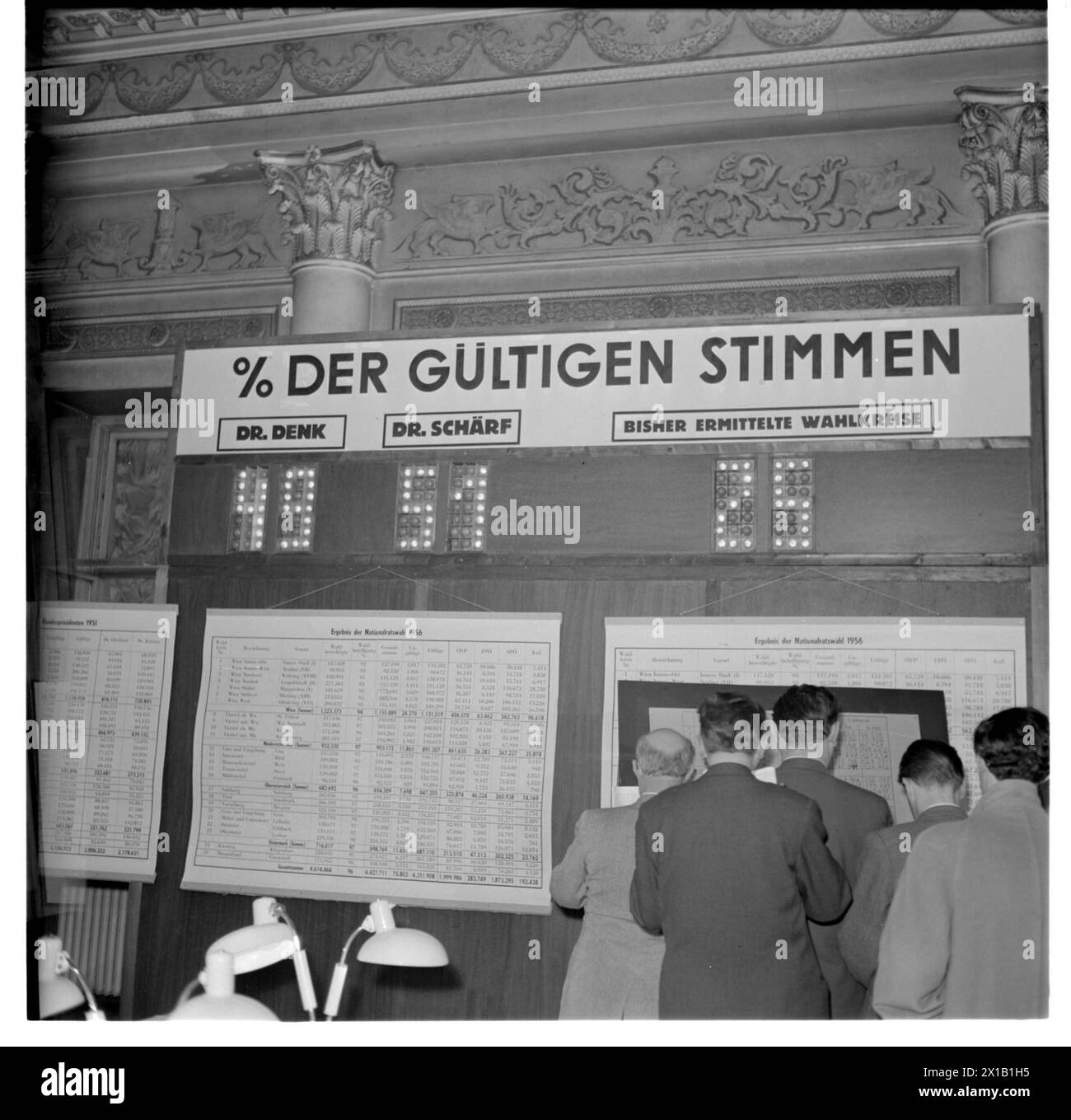 Federal Presidents' election 1957, electronic plaque with the result of the option, These include attached to poster with stratagem of the individual constituency, a mountain range of men standing with the back to the camera in front of one of the poster, 1957 - 19570101 PD2546 - Rechteinfo: Rights Managed (RM) Stock Photo