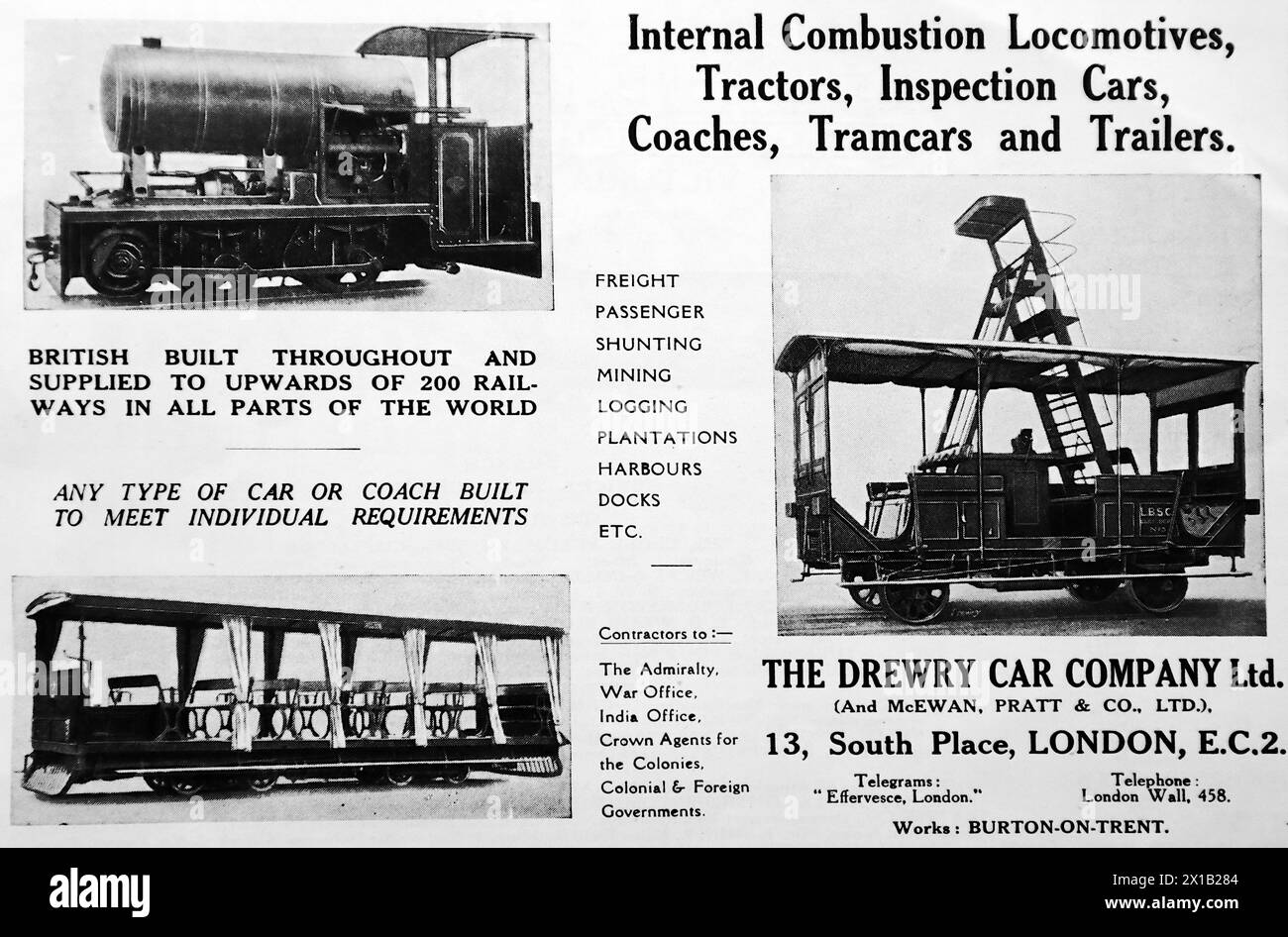 Advertisement for The Drewry Car Company Ltd (and McEwan Pratt & Co. Ltd) of London and Burton-on-Trent. Internal combustion locomotives, tractors, inspection cars, coaches, tramcars and trailers. From an original publication dated 15 May 1924, this helps to give an insight into public transport, and the railways in particular, of the 1920s. Stock Photo