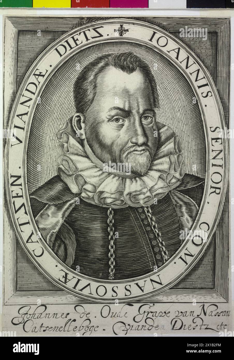 Johann VI, the Elder, Count of Nassau-Dillenburg, half length, half from the right, bareheaded, with poll moustache and chin beard, at ease folded ruff, in strait buttoned smooth doublet, two vertical line chain lane in front of the half-length, topcoat around the shouldering, in oval framing with Latin transcription, on square, preponderant hatching wainscot like extent, underneath of the characterization double-spaced Dutch legend. copper engraving. without title, 1600, - 16000101 PD0055 - Rechteinfo: Rights Managed (RM) Stock Photo