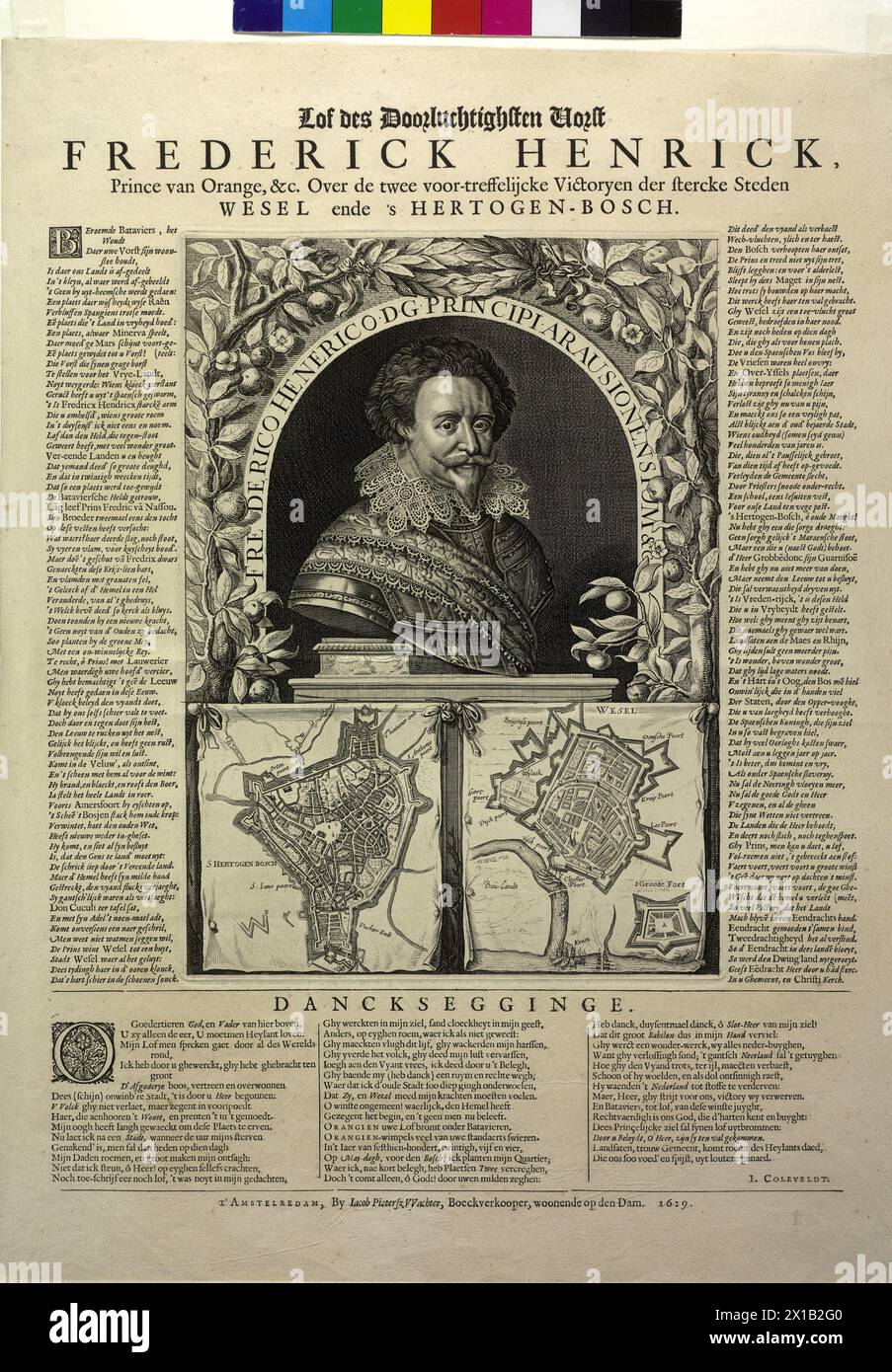 Friedrich Heinrich, Prince of Orange, Count of Nassau, flyer in Dutch speech on its conquest of 's Hertogenbosch and Wesel, square complete overview with heading (multitasking legend), on both sides of a many-lined Poem of Praise, underneath one verse form thanksgiving at God in three chasm of I (Jacob Janszoon) Coleveldt, right at the bottom the title of the in Amsterdam negotiate bookseller Jacob Pietersz. watch, dated 1629., 1629 - 16290101 PD0003 - Rechteinfo: Rights Managed (RM) Stock Photo