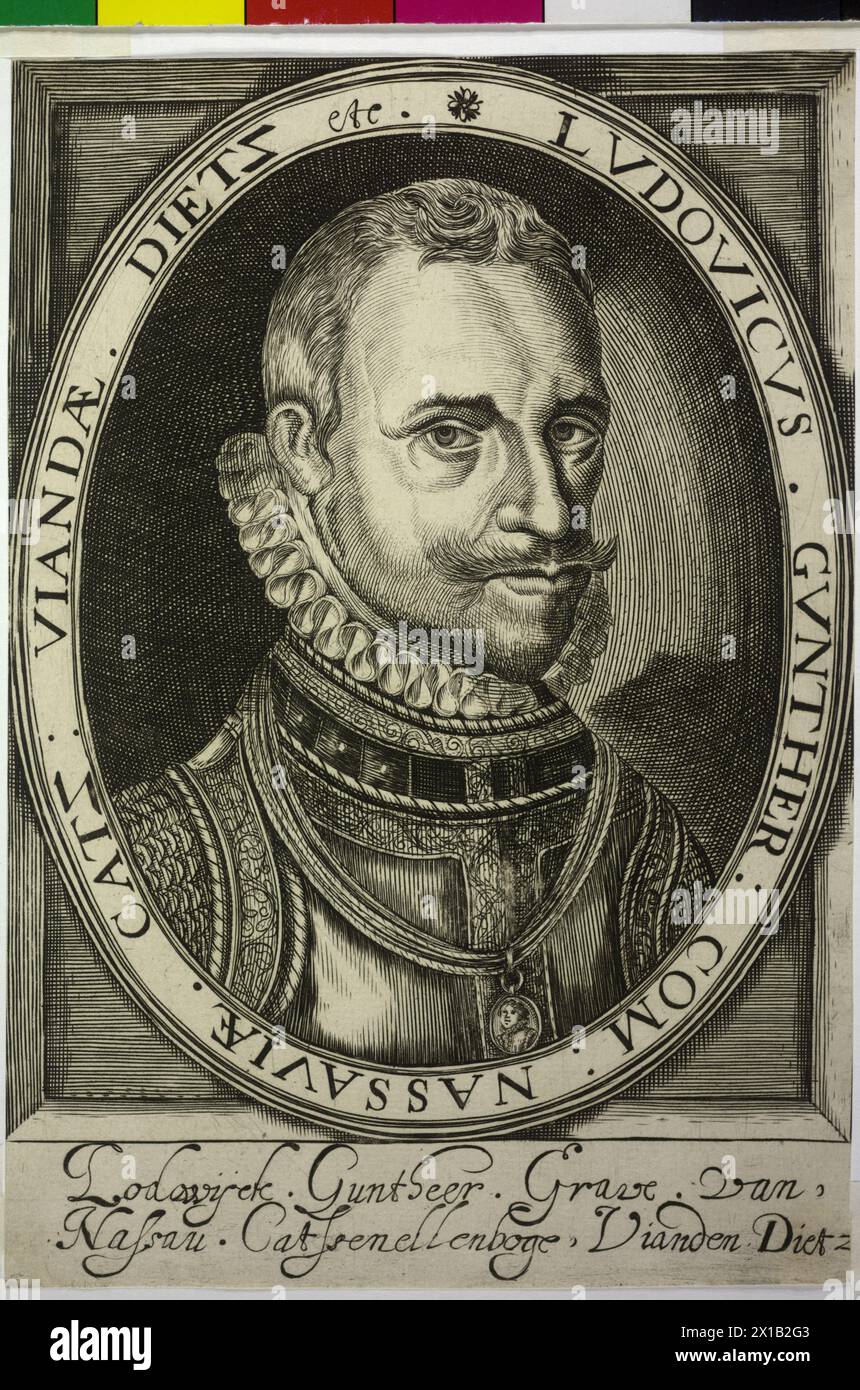 Lewis Guenther, Count of Nassau-Dillenburg, in oval framing with Latin transcription, in square, preponderant hatching marginal ridge inlaying like extent, underneath double-spaced Dutch legend. copper engraving, without title (Nicola de Clerck attributed), 1615 - 16150101 PD0012 - Rechteinfo: Rights Managed (RM) Stock Photo