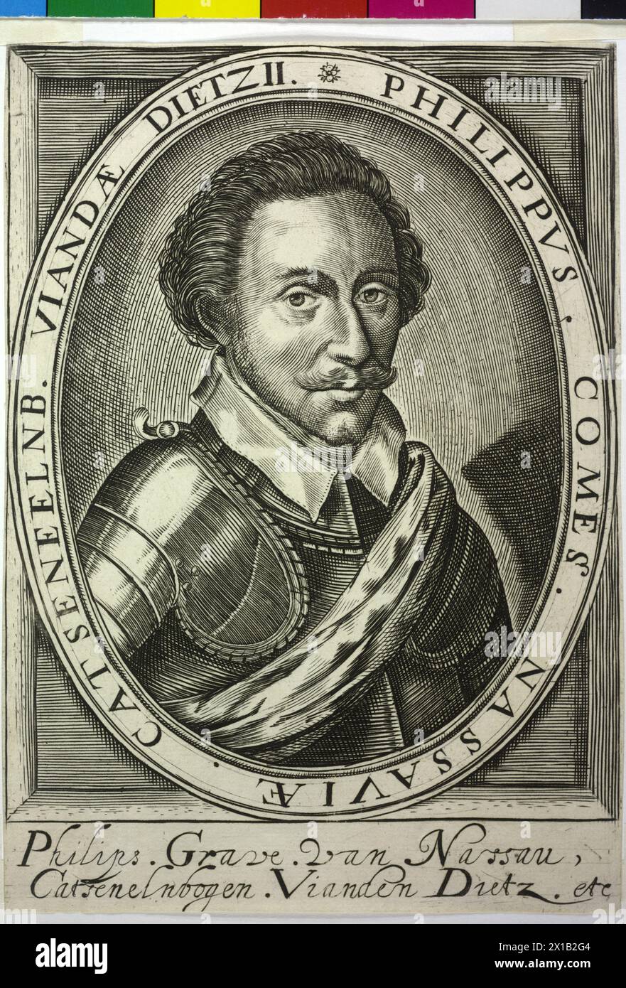 Philipp, Count of Nassau-Dillenburg, in oval framing with Latin transcription, in square, preponderant hatching marginal ridge inlaying like extent, underneath of the characterization double-spaced Dutch legend. copper engraving, without title (Nicola de Clerck attributed), 1615, - 16150101 PD0014 - Rechteinfo: Rights Managed (RM) Stock Photo