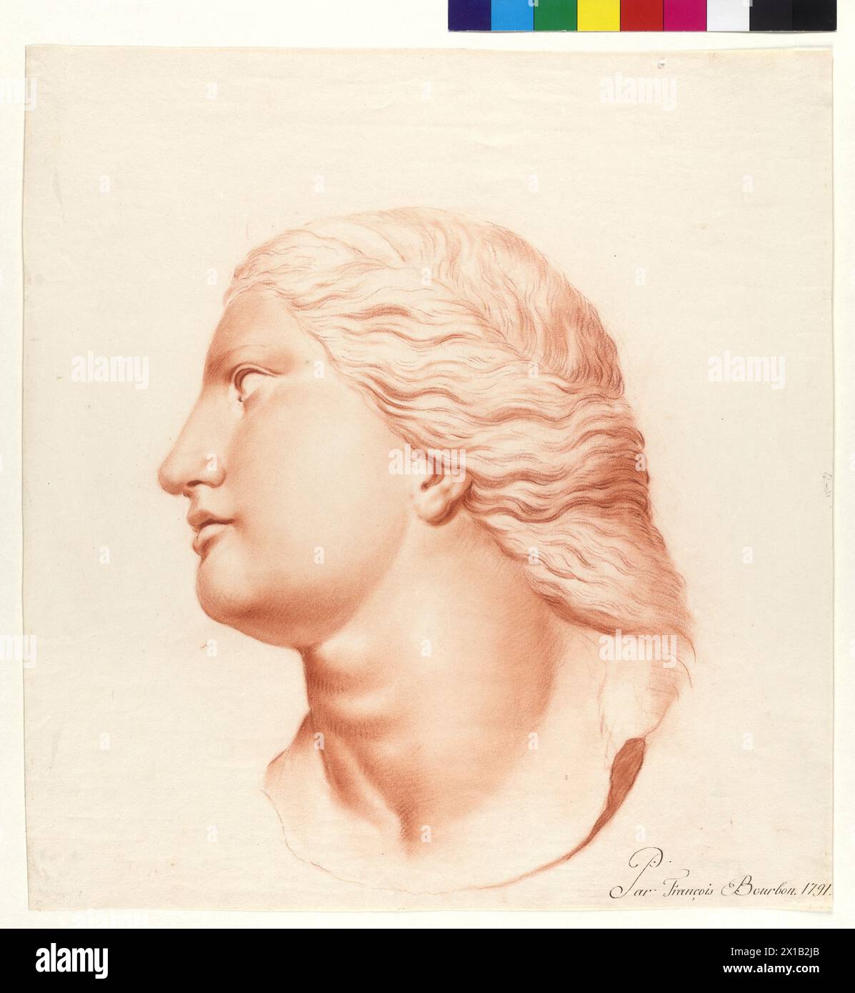 Study based on a statue (daughter of the Niobe), Sudie based on an ancient statue. head from the Niobid group (daughter of the Niobe) sanguine by Louis-Francois II de Bourbon, duke (prince) of Condé (Skip, Conty), signed and dated 'Par Francois Bourbon 1791. ', 1791, - 17910101 PD0051 - Rechteinfo: Rights Managed (RM) Stock Photo