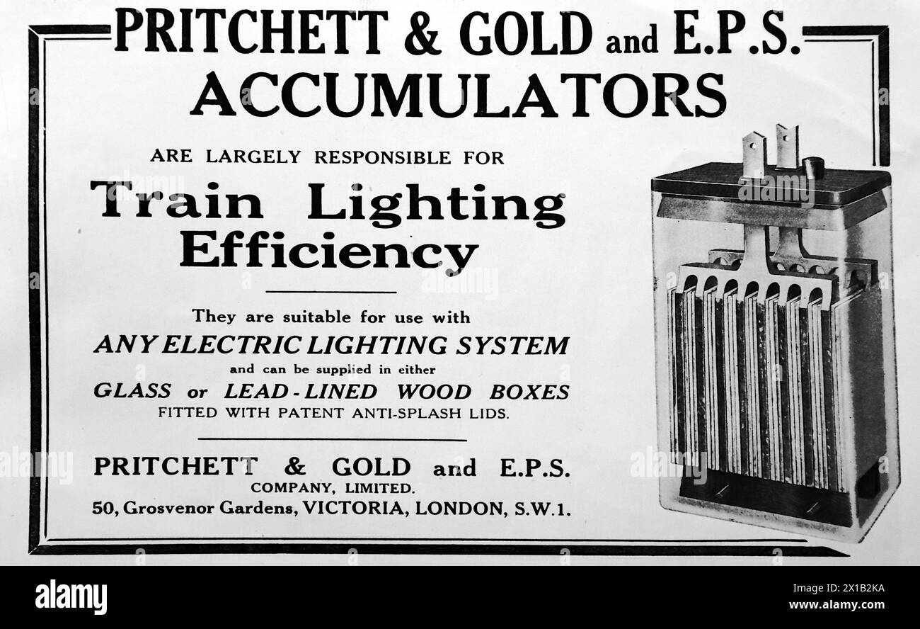 Advertisement for Pritchett & Gold and E. P. S. Company Limited of Victoria, London. Accumulators for train lighting. From an original publication dated 15 May 1924, this helps to give an insight into public transport, and the railways in particular, of the 1920s. Stock Photo