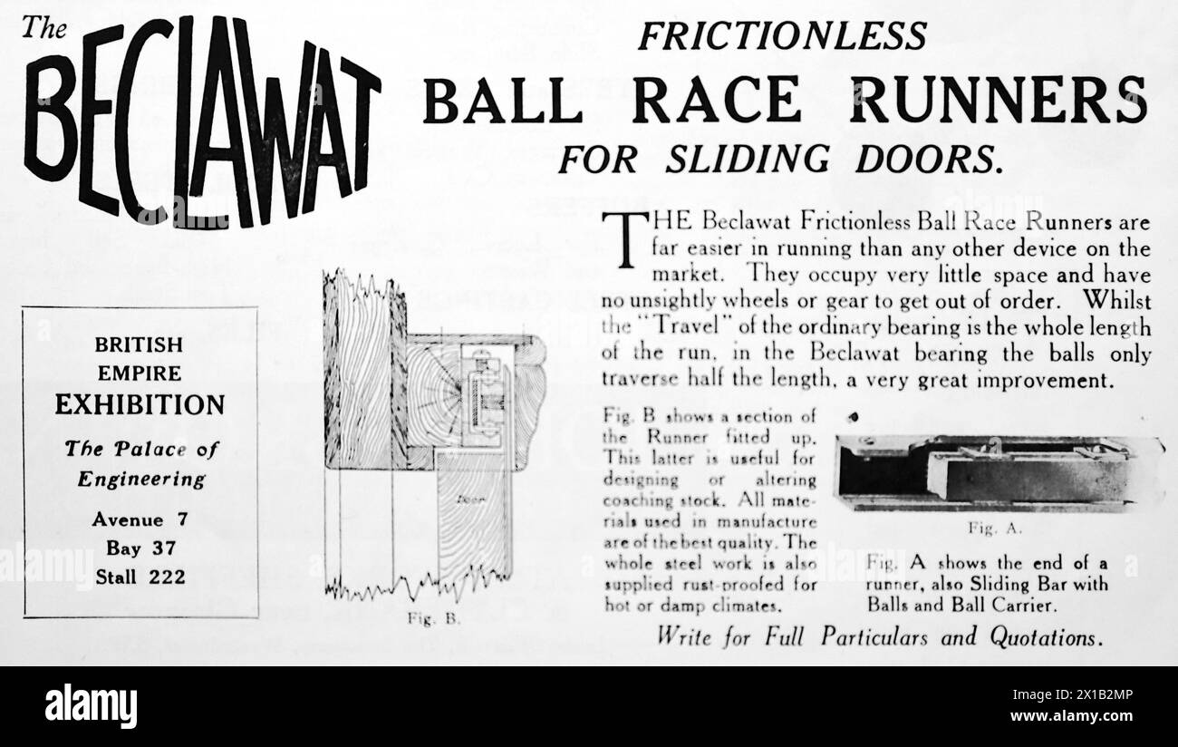 Advertisement for the Beclawat Ball Race Runners for sliding doors. Manufactured by Beckett, Laycock and Watkinson Ltd of Harlesden, London and represented at the Palace of Engineering at the British Empire Exhibition. From an original publication dated 15 May 1924, this helps to give an insight into public transport, and the railways in particular, of the 1920s. Stock Photo