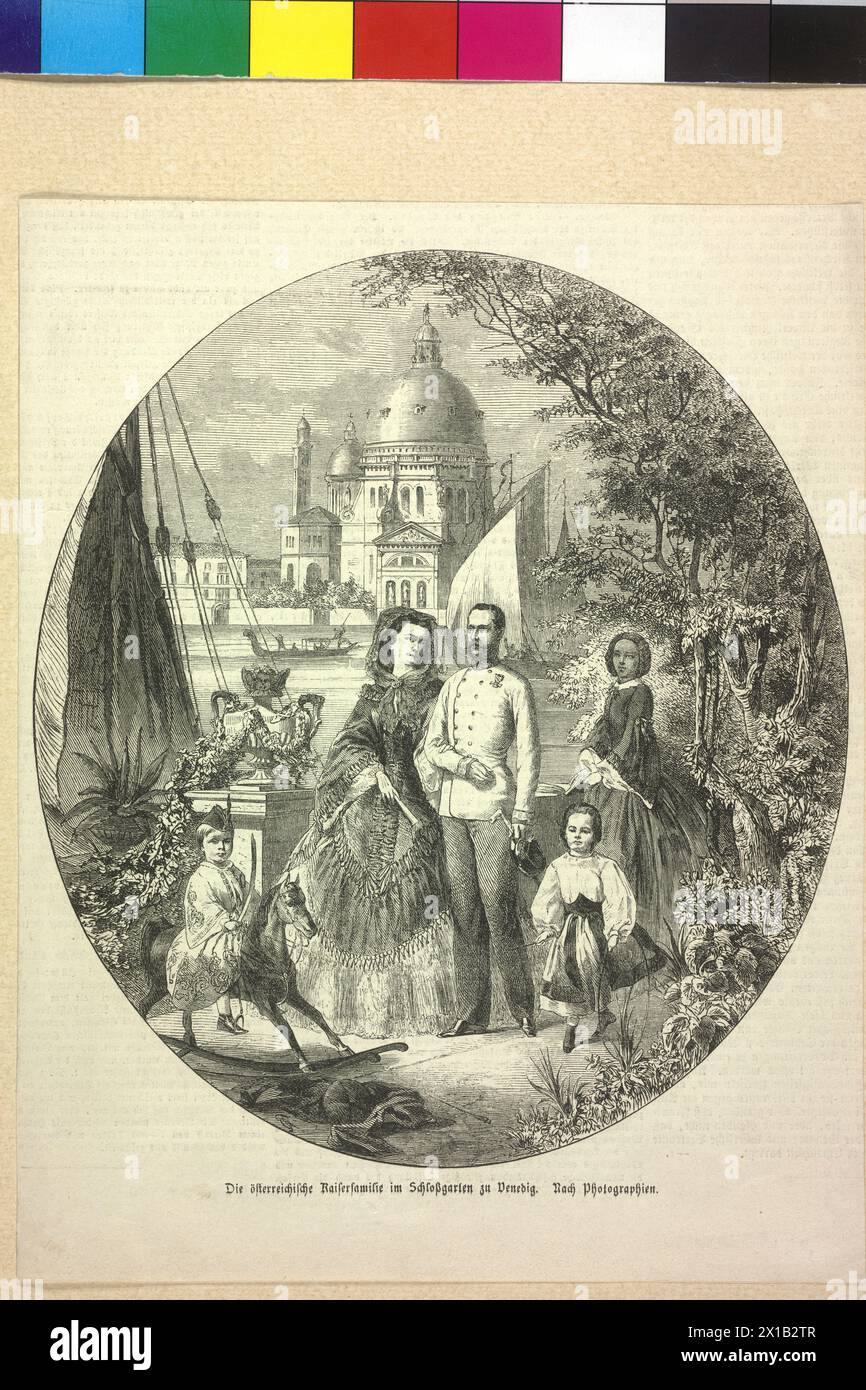 Franz Joseph I, Emperor of Austria with family, family image with view of the Canal magnifico and the church Santa Maria della salute in Venice: Franz Joseph in full dress uniform of an Imperial and Royal field marshal German adjustment, Elisabeth with her children crown prince Rudolf, in Uhlans uniform on the rocking horse sitting, and archduchess Gisela. print based on photo-optical draft (assembly department), 1862, - 18620101 PD1113 - Rechteinfo: Rights Managed (RM) Stock Photo