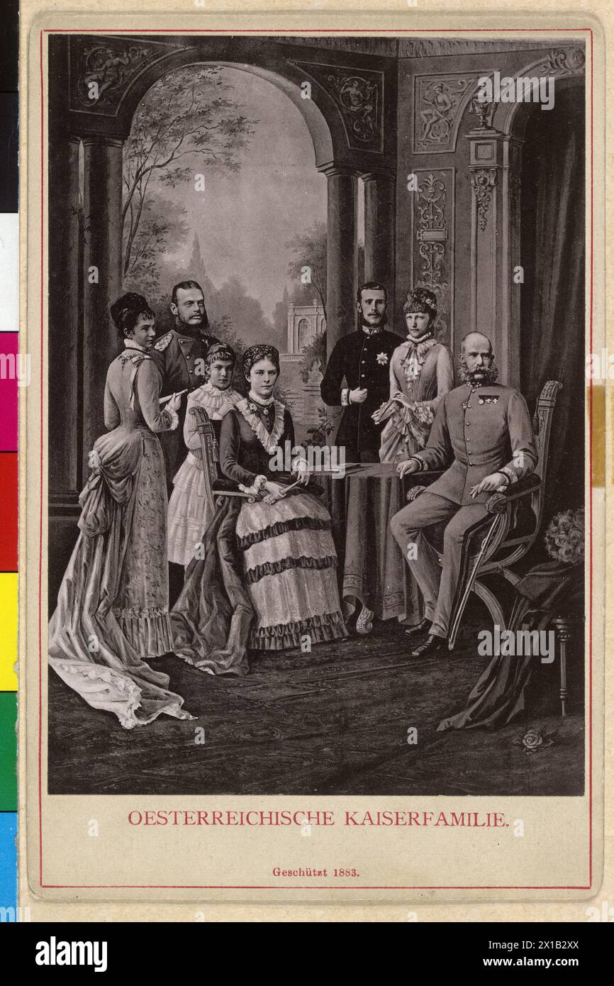 Franz Joseph I, Emperor of Austria with family, family image: Franz Joseph in crusade uniform of an Imperial and Royal field marshal in German adjustment, Elisabeth with her children Marie Valerie, princess Gisela and prince Leopold of Bavaria and crown prince Rudolf with crown princess Stephanie, composite photograph, 1883, - 18830101 PD1174 - Rechteinfo: Rights Managed (RM) Stock Photo