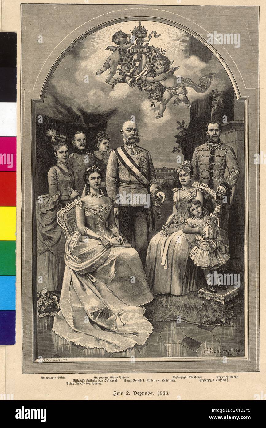 Franz Joseph I, Emperor of Austria with family, family image in the ocassion of the 40-year recurrence of the accession Franz Joseph: Franz Joseph in crusade uniform of an Imperial and Royal field marshal in German adjustment, sitting Empress Elisabeth and crown princess Stephanie with Elisabeth Marie and crown prince Rudolf in hussar uniform, princess Gisela and prince Leopold of Bavaria, archduchess Marie Valerie, composite photograph with background scenery: The Park of Schoenbrunn Palace with Gloriette, title: 'H. Schubert 1888', 1888, - 18880101 PD1547 - Rechteinfo: Rights Managed (RM) Stock Photo