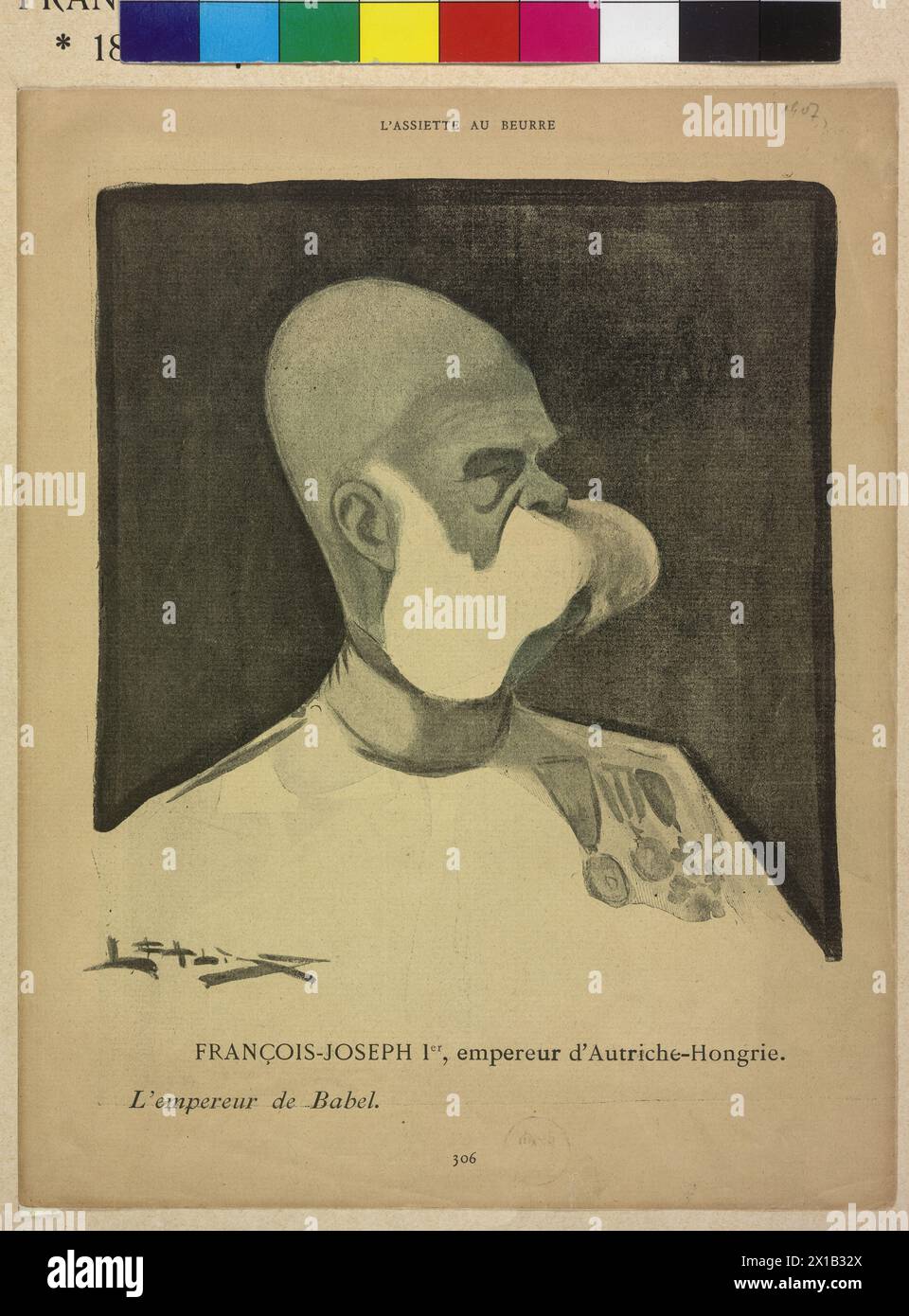 Caricature of Franz Joseph I, Emperor of Austria, Franz Joseph I with egghead and up ruffled beard. title: 'L'empereur de Babel', 1907, - 19070101 PD3065 - Rechteinfo: Rights Managed (RM) Stock Photo