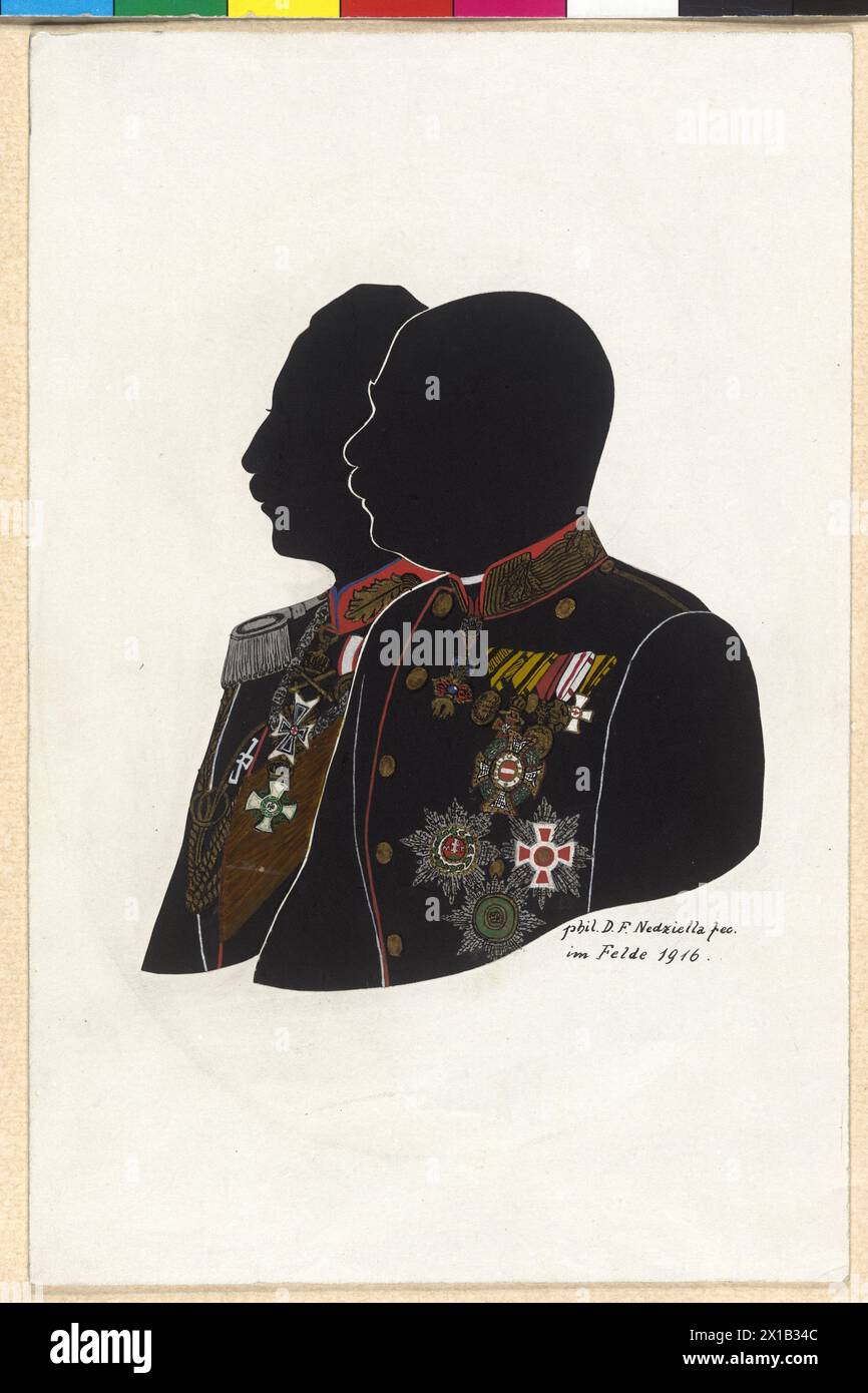 Franz Joseph I, Emperor of Austria and Emperor William II, silhouette with coloured represented badge of Franz Joseph and William II as chief commander. title right bottom 'phil. D. F. Nedziella fec. im Flede 1916. ', 1916, - 19160101 PD4249 - Rechteinfo: Rights Managed (RM) Stock Photo