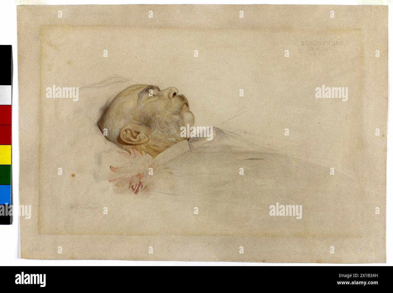 Emperor Franz Joseph I on the deathbed, drawing by Franz of sludge. watercolour and opaque white across pencil on cardboard. signed 'F. V. MATSCH' and dated: 'SCHOeNBRUNN 22. NOV. 1916', The Emperor on the deathbed, in the foreground any Mutti. The artist was specifically to Schoenbrunn Palace bespeaking, around the picture of the emperor making. notation : sludge conducted two frame von, any strong effect version decide oneself in Schoenbrunn Palace (oil on package, inventory number 820-1 / 1 / 72) and any layout for Katharina Schratt, the there sheet, 22.11.1916 - 19161122 PD0005 - Rechteinf Stock Photo