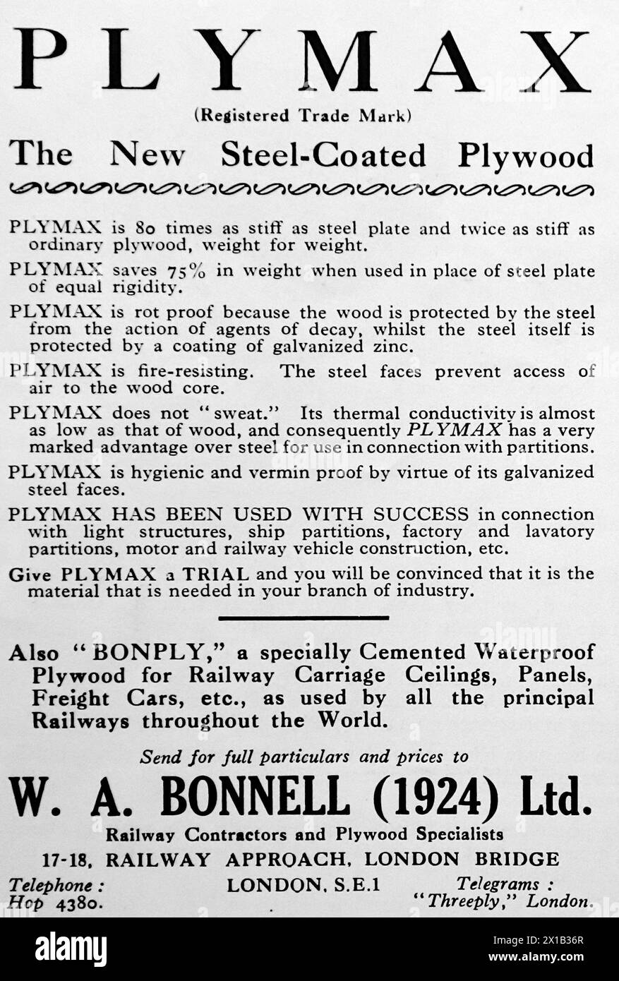 Advertisement for W. A. Beonnell (1924) Ltd, London Bridge, London. Railway and plywood specialists: Plymax, new steel coated plywood. From an original publication dated 15 May 1924, this helps to give an insight into public transport, and the railways in particular, of the 1920s. Stock Photo