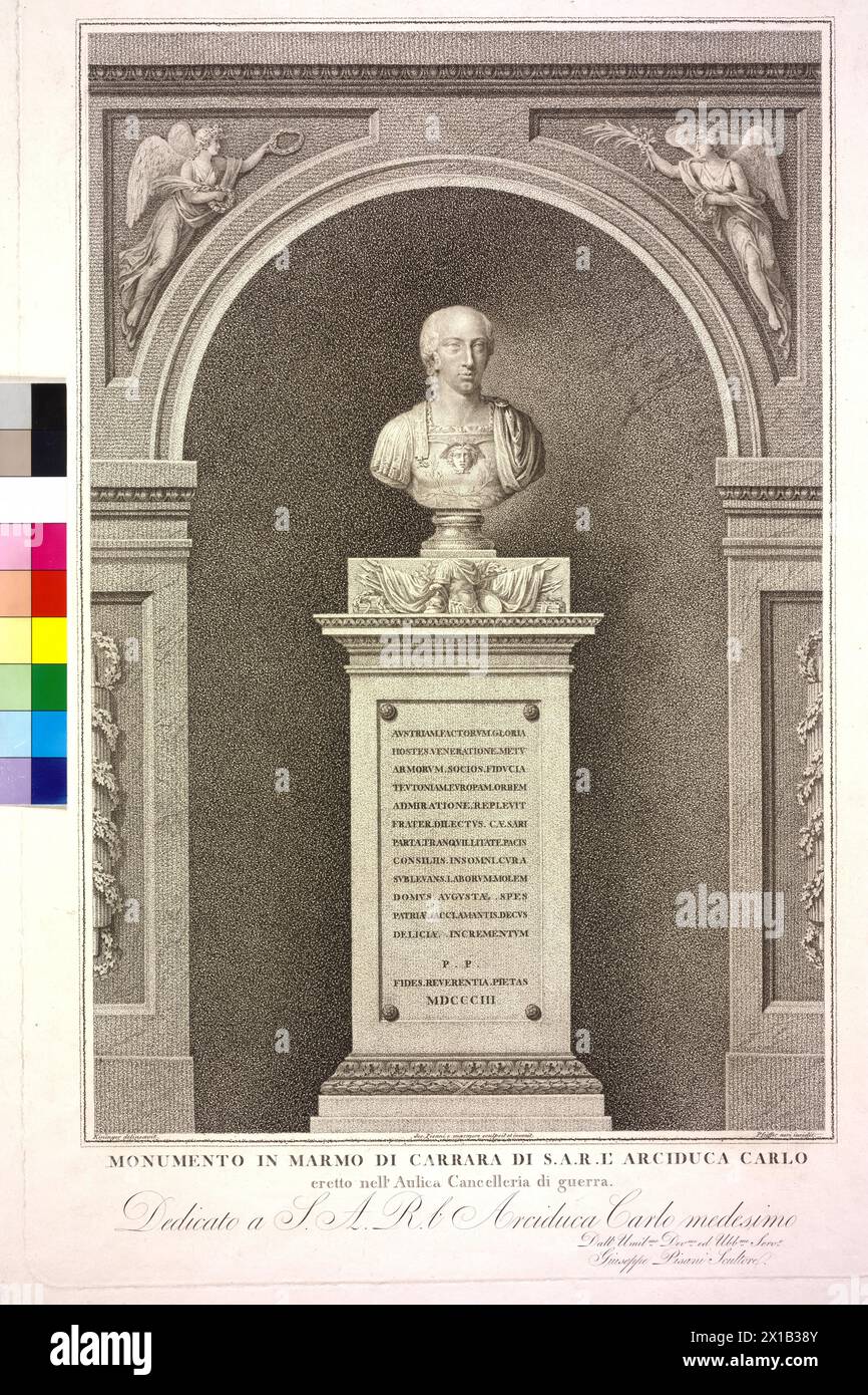 Karl, Archduke of Austria, marble monument by Giuseppe Pisani, in the old War Department in Vienna. bust on basement with Latin inscription and date MDCCCIII. stipple engraving by Karl Hermann Pfeiffer based on a drawing by Vincent George Kininger, - 19300101 PD20154 - Rechteinfo: Rights Managed (RM) Stock Photo