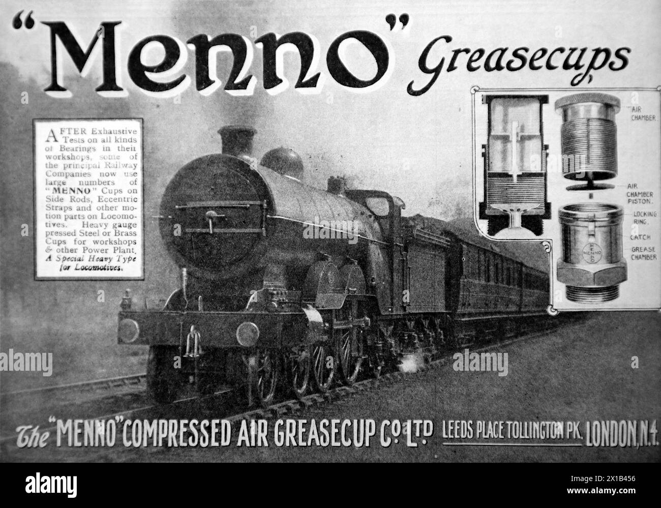 Advertisement for the Menno Compressed Air Greasecup Co. Ltd of Tollington Park, London. From an original publication dated 15 May 1924, this helps to give an insight into public transport, and the railways in particular, of the 1920s. Stock Photo