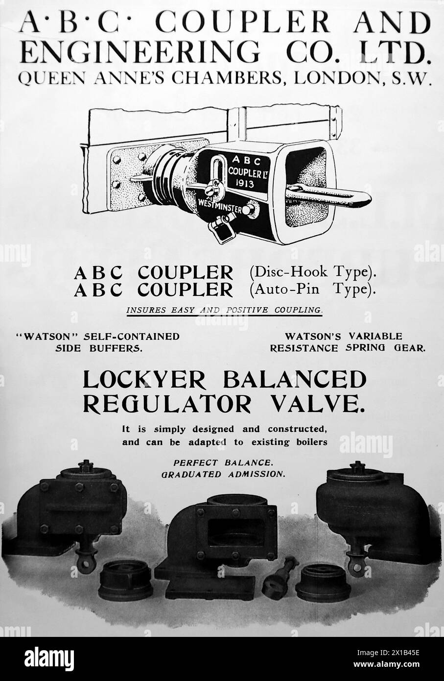 Advertisement for ABC Coupler and Engineering Co Ltd, of south-west London. Pictured are a coupler and a Lockyer balanced regulator valve. From an original publication dated 15 May 1924, this helps to give an insight into public transport, and the railways in particular, of the 1920s. Stock Photo