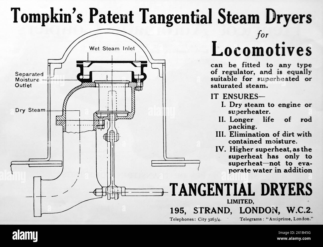 Advertisement for Tangential Dryers Ltd of The Strand, London. From an original publication dated 15 May 1924, this helps to give an insight into public transport, and the railways in particular, of the 1920s. Stock Photo
