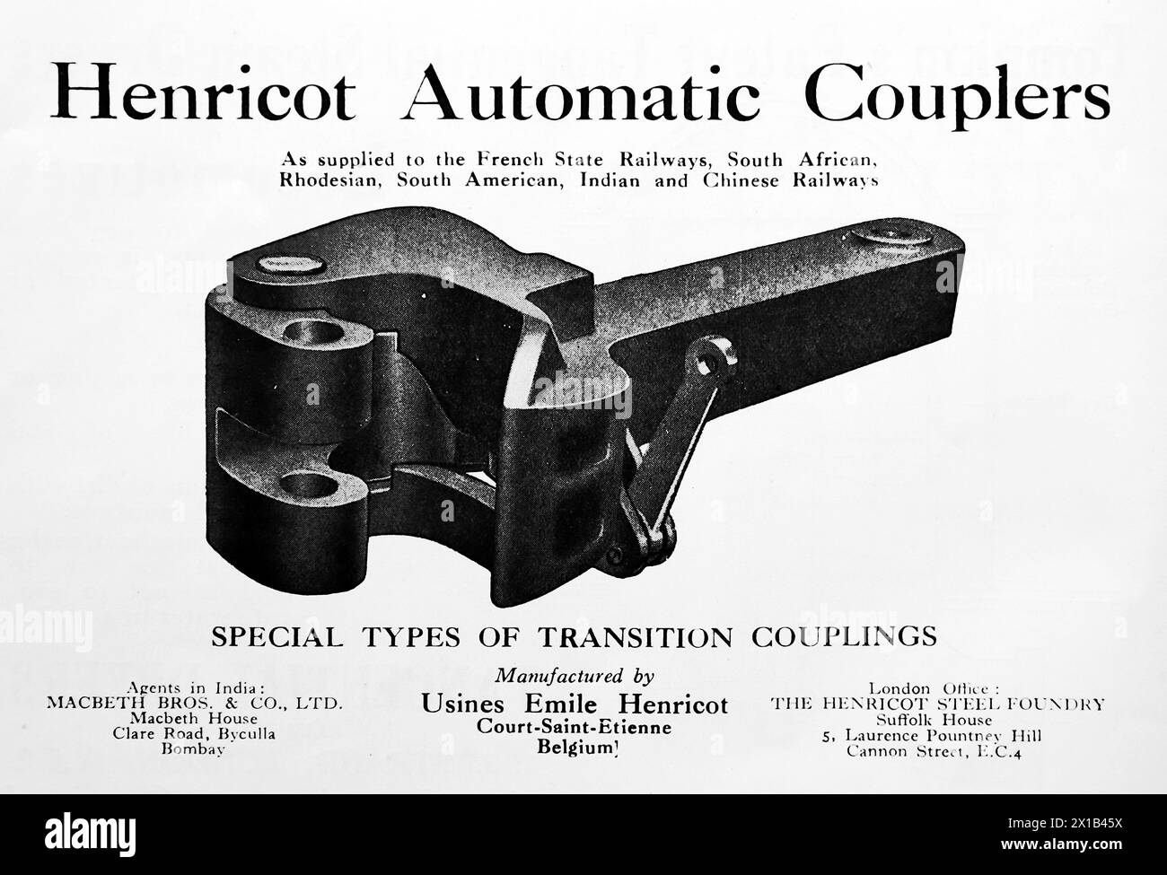 Advertisement for Usines Emile Henricot of Belgium which owned the Henricot Steel Foundry of Pountney Hill, London. Pictured is a Henricot Automatic Coupler. From an original publication dated 15 May 1924, this helps to give an insight into public transport, and the railways in particular, of the 1920s. Stock Photo