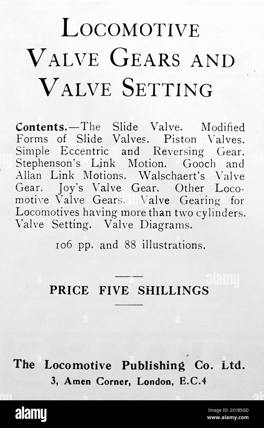 Advertisement for a booklet, Automatic Valve Gears and Valve Setting, published by The Locomotive Publishing Company Ltd, London. From an original publication dated 15 May 1924, this helps to give an insight into public transport, and the railways in particular, of the 1920s. Stock Photo