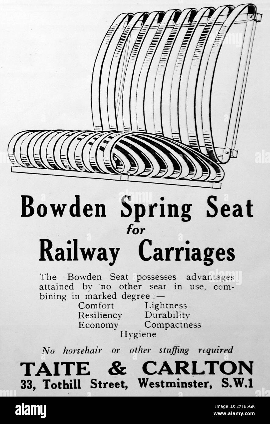 Advertisement for Taite and Carlton of Westminster, London. Bowden Spring Seat for railway carriages. From an original publication dated 15 May 1924, this helps to give an insight into public transport, and the railways in particular, of the 1920s. Stock Photo