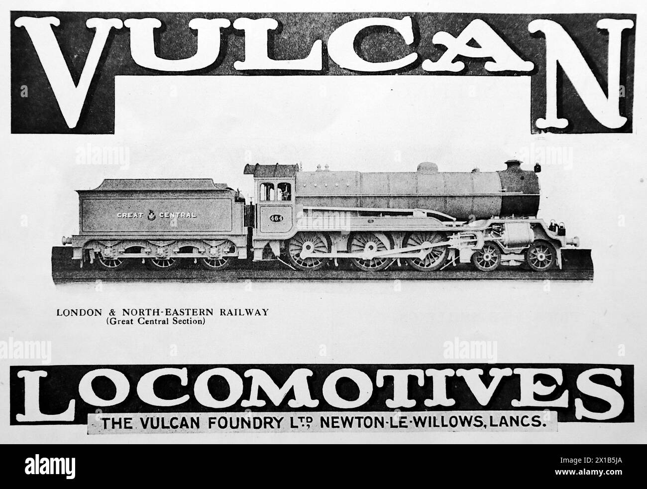 Advertisement for Vulcan Locomotives of Newton-le-Willows, Lancashire. Pictured is a London and North-Eastern Railways Great Central Locomotive. From an original publication dated 15 May 1924, this helps to give an insight into public transport, and the railways in particular, of the 1920s. Stock Photo