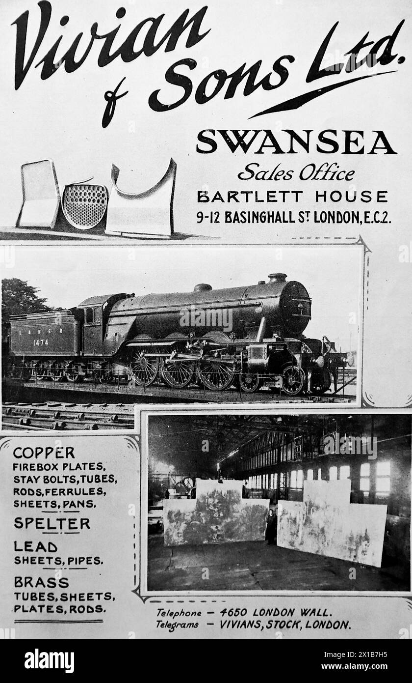 Advertisement for Vivian and Sons Ltd of Swansea and London. Pictured is a London and North-Eastern Railway 1474 locomotive. From an original publication dated 15 May 1924, this helps to give an insight into public transport, and the railways in particular, of the 1920s. Stock Photo