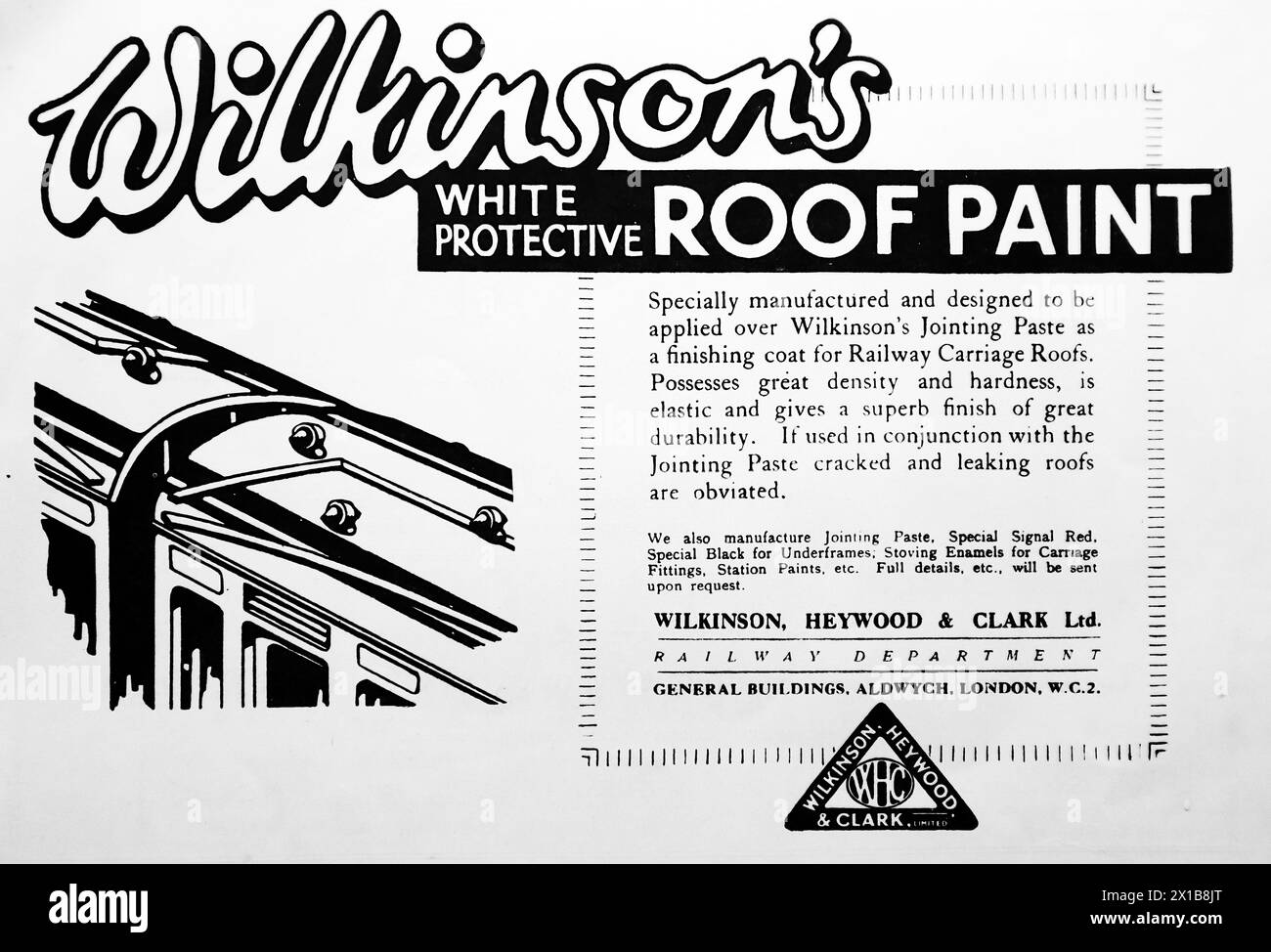 Advertisement for Wilkinson, Heywood and Clark Ltd, of Aldwych, London. Wilkinson’s White Protective Roof Paint, a finishing coat for railway carriage roofs. From an original publication dated 15 May 1924, this helps to give an insight into public transport, and the railways in particular, of the 1920s. Stock Photo