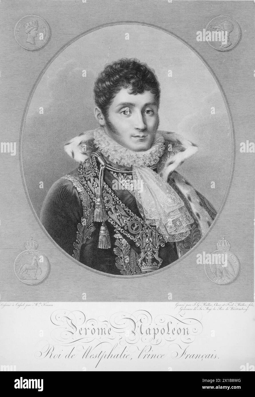 Jérome Bonaparte, King of Westphalia 1784 1860, picture of the Jérome Bonaparte in oval. engraving by Johann Gotthard Mueller together with Johann Friedrich William Mueller (for the face) based on drawing by Madamme Kinsoen. 1813. French legend. structure with 4 medallion in the corner kick. repro negative based on engraving, - 19830422 PD145625 - Rechteinfo: Rights Managed (RM) Stock Photo