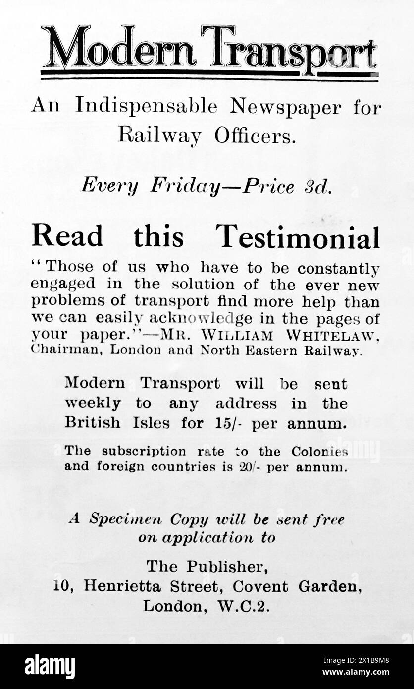 Advertisement for Modern Transport, a weekly newspaper for railway officers. Published in Covent Garden, London. From an original publication dated 15 May 1924, this helps to give an insight into public transport, and the railways in particular, of the 1920s. Stock Photo