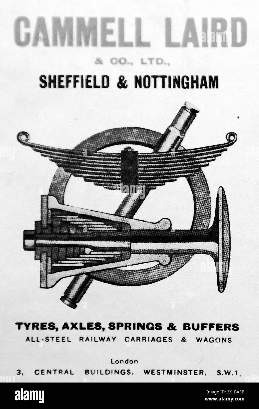 Advertisement for Cammell Laird and Co. Ltd, of Sheffield, Nottingham and Westminster, London. Diagram or logo for railway tyres, axles, springs and buffers. From an original publication dated 15 May 1924, this helps to give an insight into public transport, and the railways in particular, of the 1920s. Stock Photo