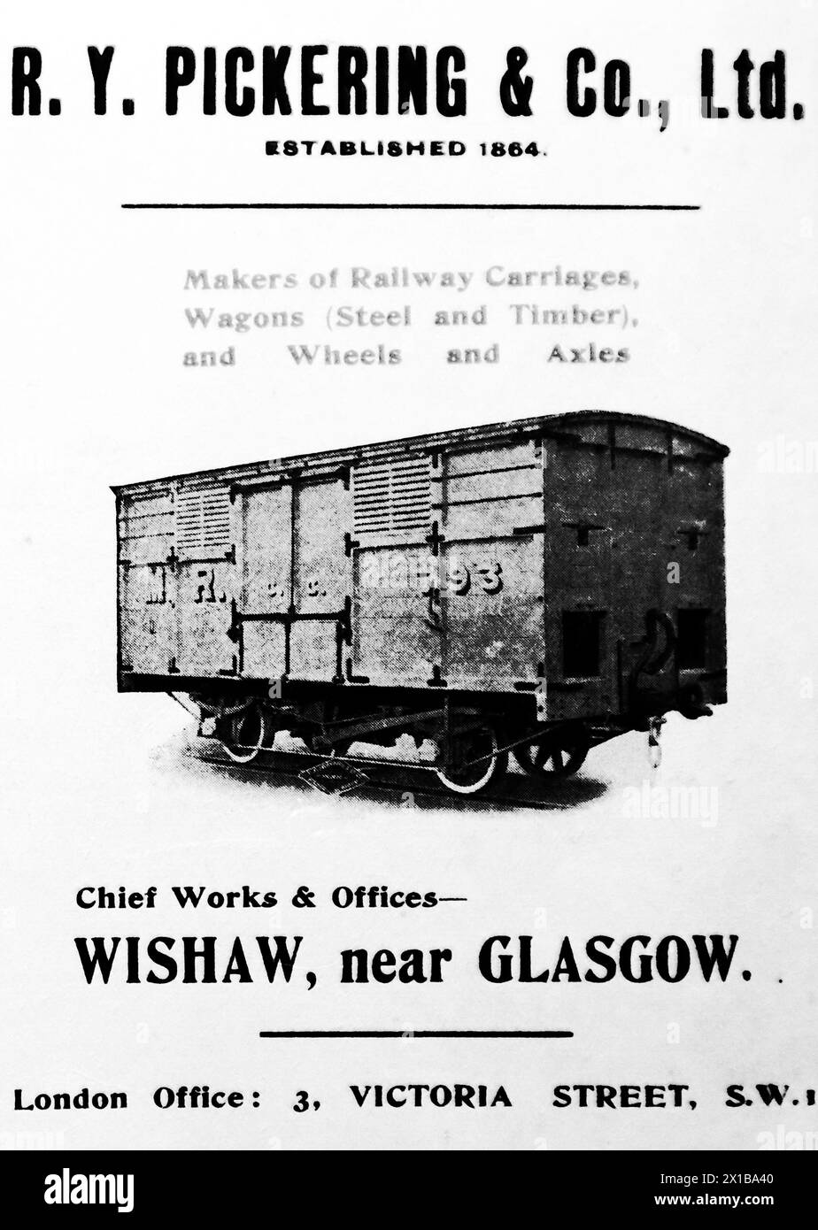 Advertisement for R. Y. Pickering and Co. Ltd, of Wishaw, near Glasgow and Victoria Street, London. Manufacturer of railway carriages, wagons, wheels and axles. Pictured is a closed wagon. From an original publication dated 15 May 1924, this helps to give an insight into public transport, and the railways in particular, of the 1920s. Stock Photo