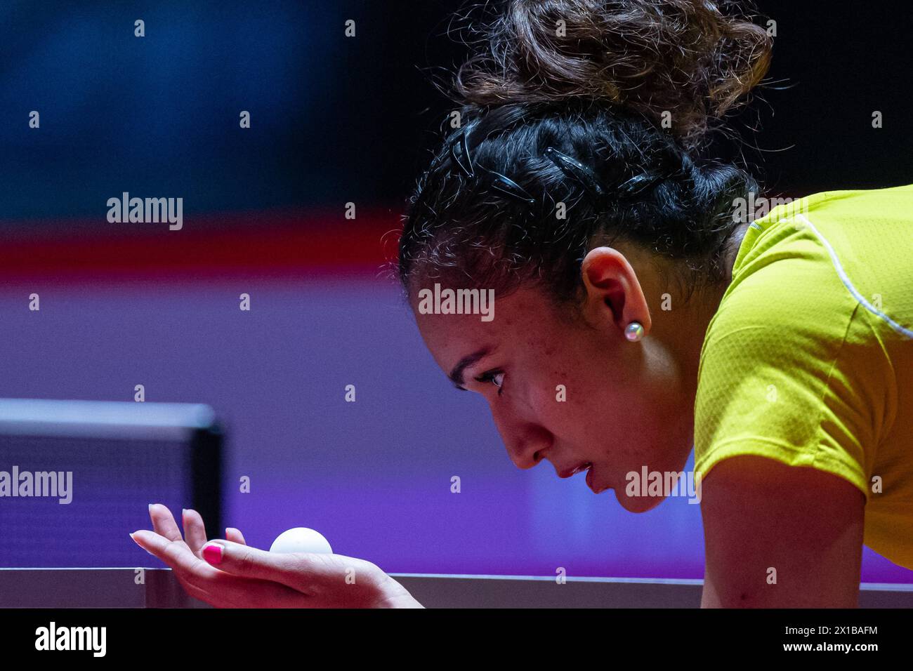 Macao, China. 16th Apr, 2024. Manika Batra of India serves during the