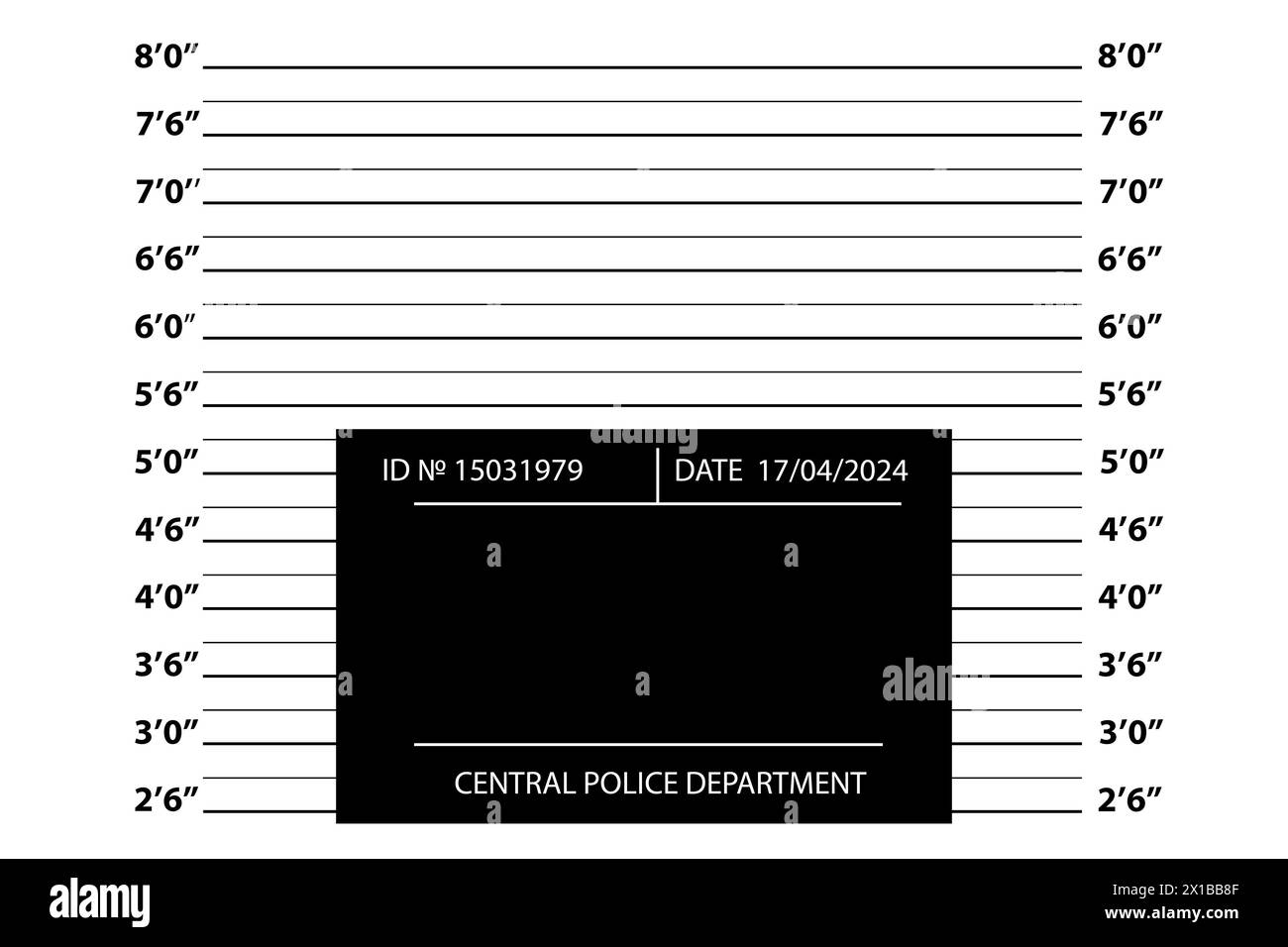 Blank police department card with stadiometer background. Central Police Headquarters, date, ID. Stock Photo