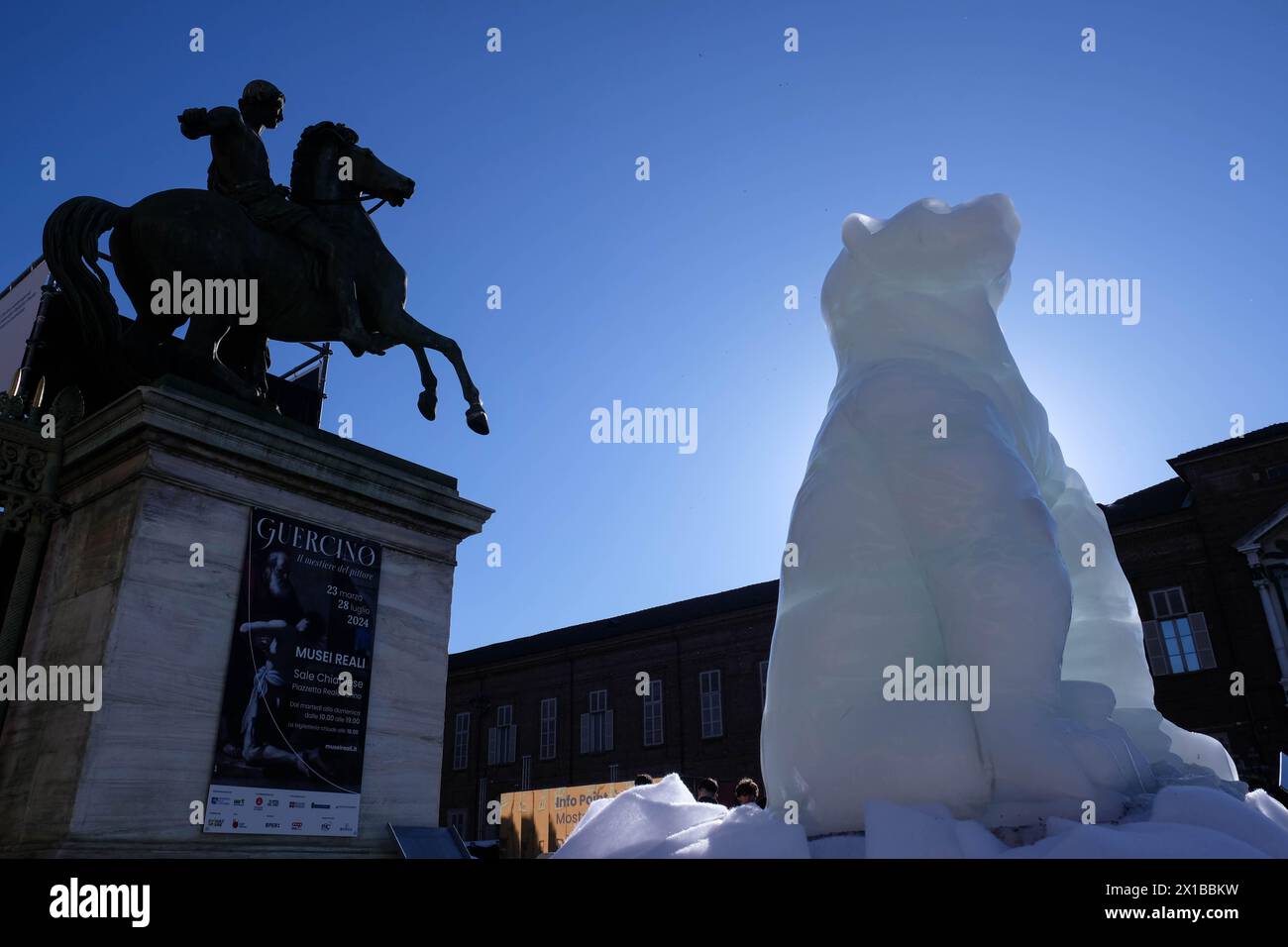 Turin, Italy. 16th April, 2024. Some moments of the protest against climate change through the installation of an ice sculpture at Piazza Castello, Turin, Italy - News - April 16, 2024 - (Photo Giacomo Longo/LaPresse) Credit: LaPresse/Alamy Live News Stock Photo