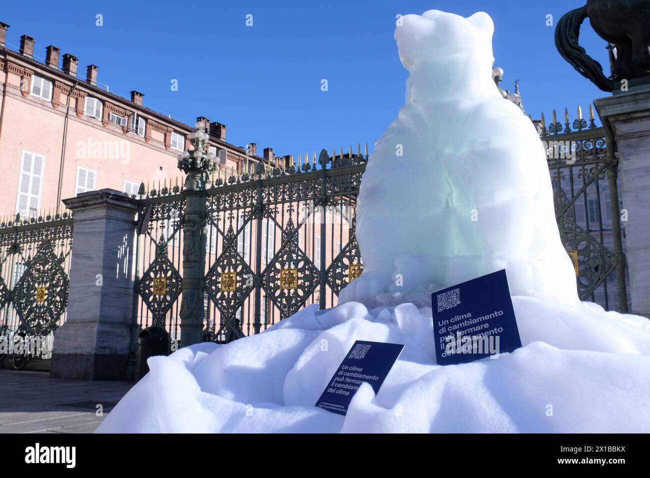 Turin, Italy. 16th April, 2024. Some moments of the protest against climate change through the installation of an ice sculpture at Piazza Castello, Turin, Italy - News - April 16, 2024 - (Photo Giacomo Longo/LaPresse) Credit: LaPresse/Alamy Live News Stock Photo