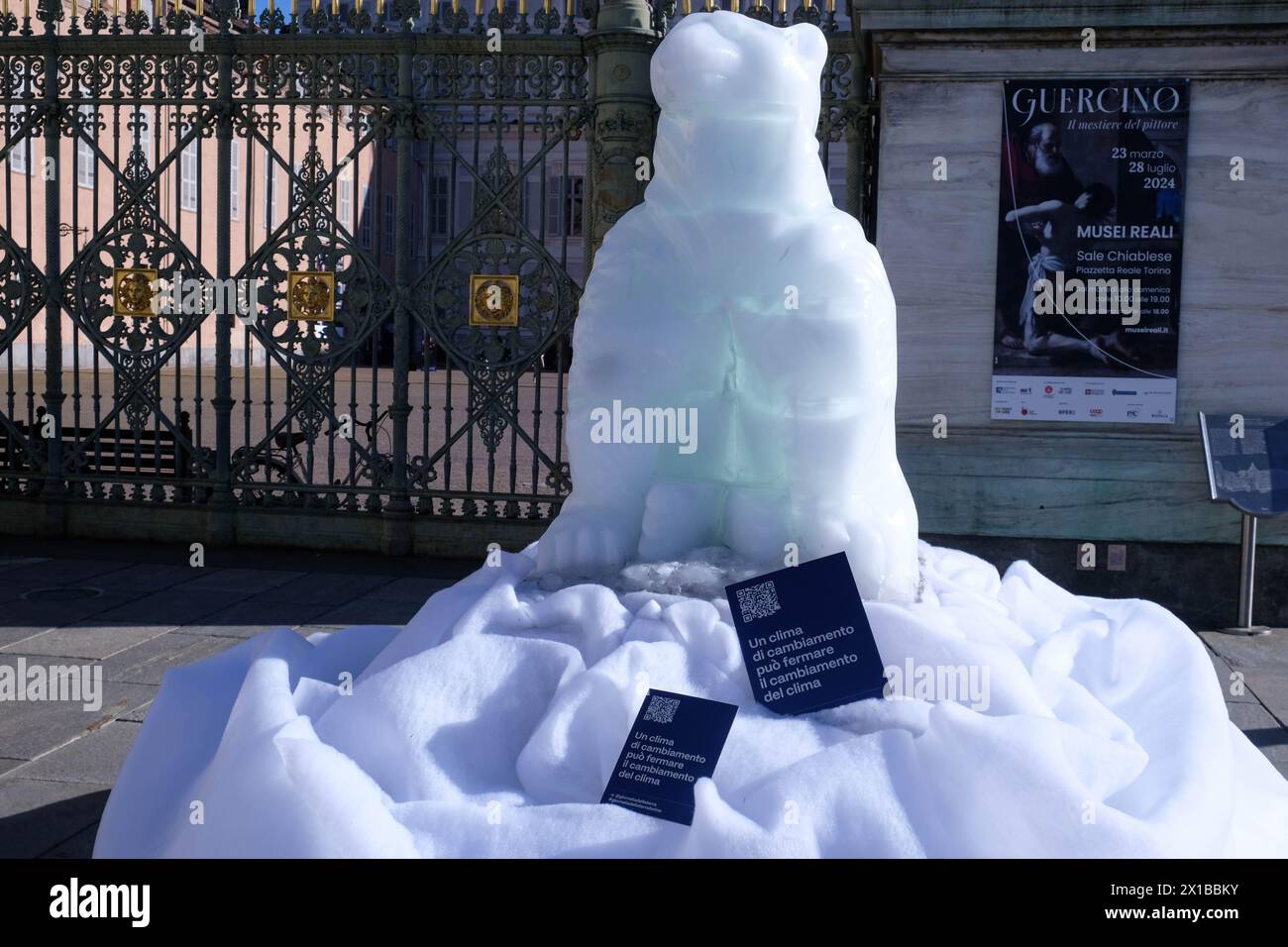 Turin, Italy. 16th April, 2024. Some moments of the protest against climate change through the installation of an ice sculpture at Piazza Castello, Turin, Italy - News - April 16, 2024 - (Photo Giacomo Longo/LaPresse) Credit: LaPresse/Alamy Live News Stock Photo