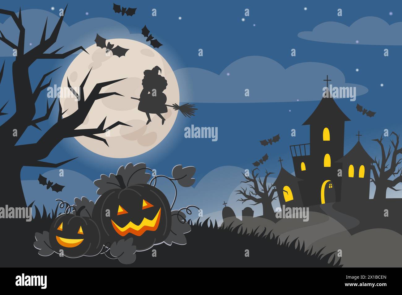 Halloween night landscape illustration with castle, pumpkins, witch on ...