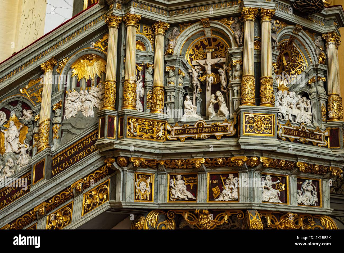 Detail of the pulpit from 1574, interior view of St Mary's Church in the historic Old Town of Rostock, Mecklenburg-Western Pomerania, Germany. Stock Photo