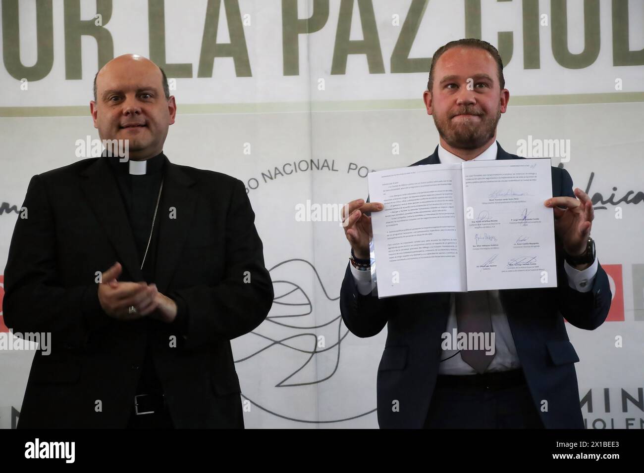 Mexico. 15th Apr, 2024. The candidate for Head of Government of Mexico City for the 'Va X Mexico City' coalition, Santiago Taboada, signed the Commitment to Peace. Public Policy Strategies for Peace of Mexico City organized by the Conference of the Mexican Episcopate, the Mexican Province of the Society of Jesus, the Conference of Major Superiors of Religious of Mexico, the Episcopal Dimension for the Laity, universities, churches and various Civil Society Organizations at the Intercontinental University (UIC). Credit: SOPA Images Limited/Alamy Live News Stock Photo