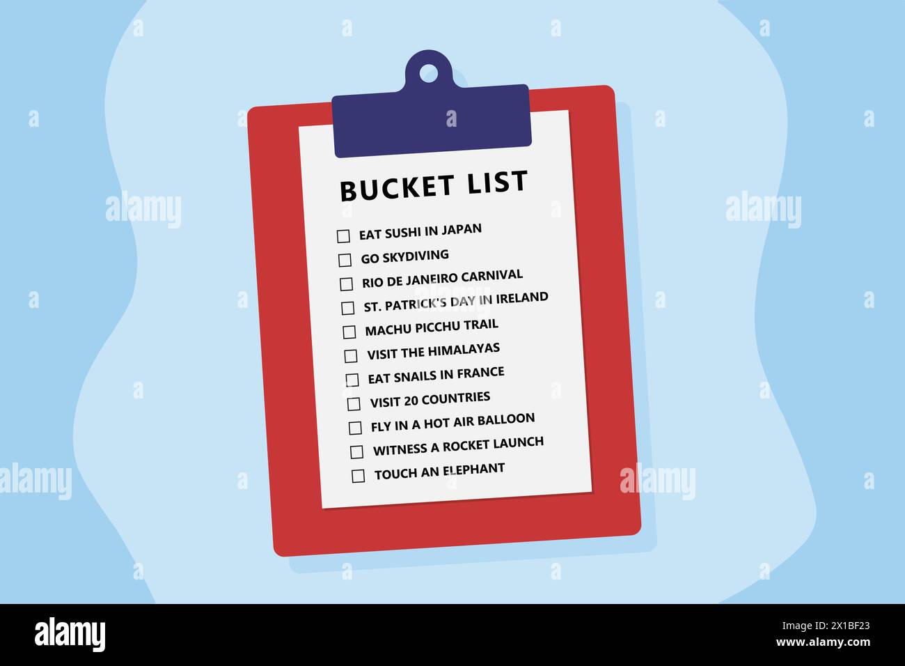 Bucket list life plans checklist. Example vector bucketlist with travel ideas. Stock Vector