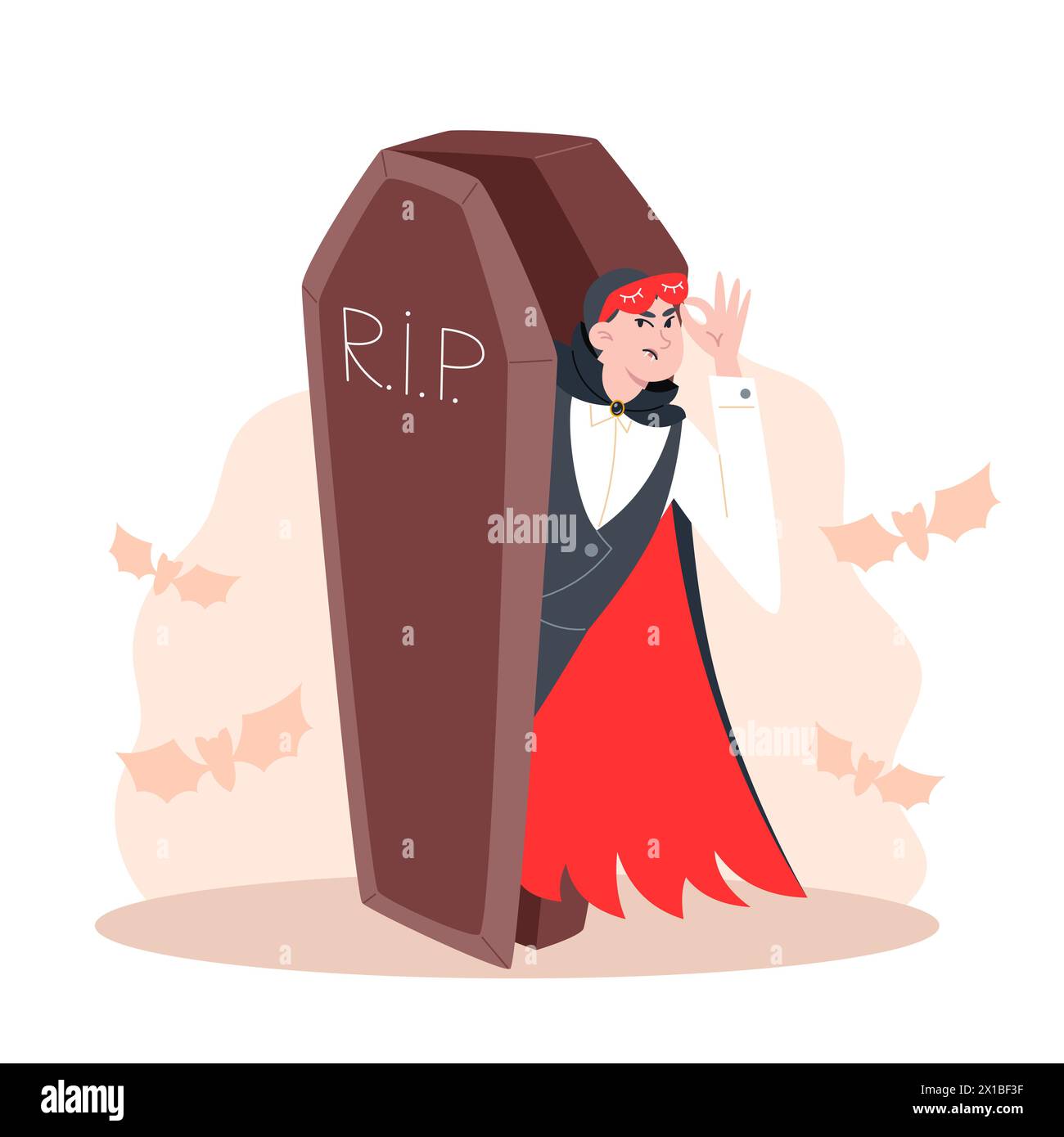 Disgruntled vampire woke up and looks out of the coffin, Halloween party Stock Vector
